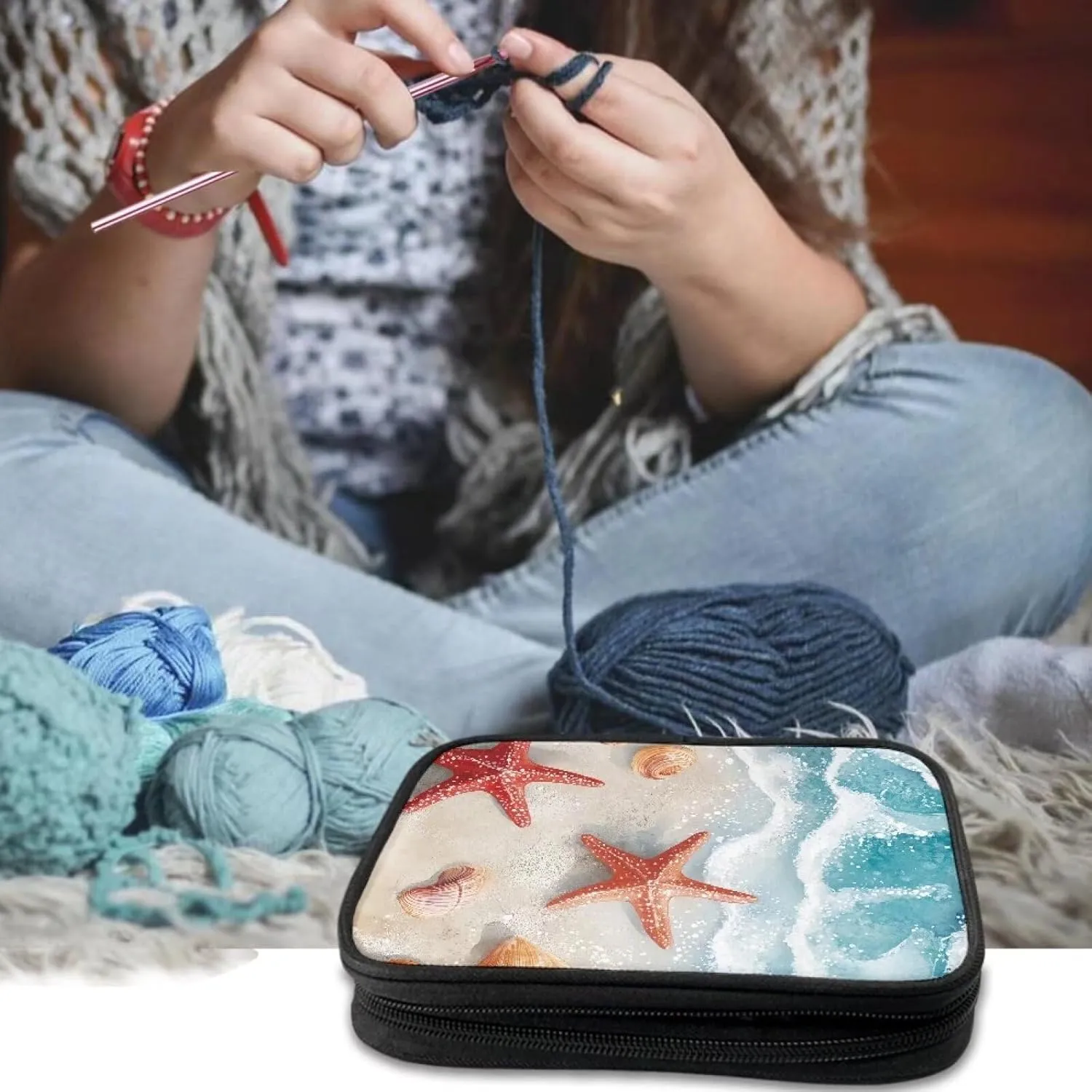 Noprintge Seaside Beach Starfish Print Crochet Hook Organizer Case, Square Knitting Needle Storage Bag, Travel Organizer Bag for Crochet Hook and Knitting Accessories (No Accessories Included)