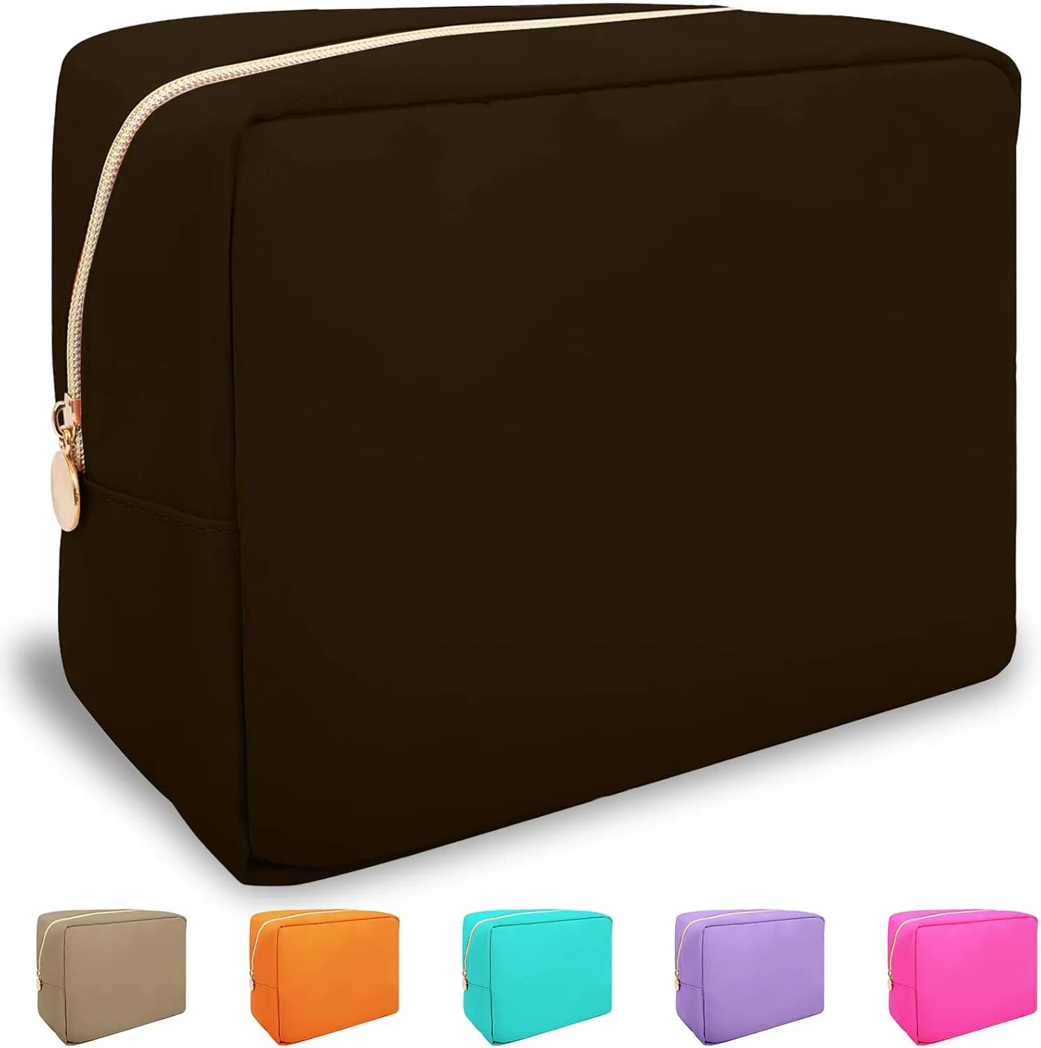 Nylon Large Makeup Bag Travel Pouch for Women, Preppy Big Makeup Bag Cute Cosmetic Zipper Pouch Purse, DIY Chenille Letter Bag Waterproof Toiletry Bag Clutch Make Up Organizer for Women Girls(Brown)