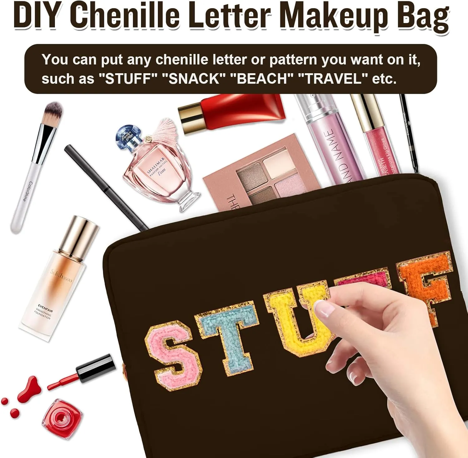 Nylon Large Makeup Bag Travel Pouch for Women, Preppy Big Makeup Bag Cute Cosmetic Zipper Pouch Purse, DIY Chenille Letter Bag Waterproof Toiletry Bag Clutch Make Up Organizer for Women Girls(Brown)
