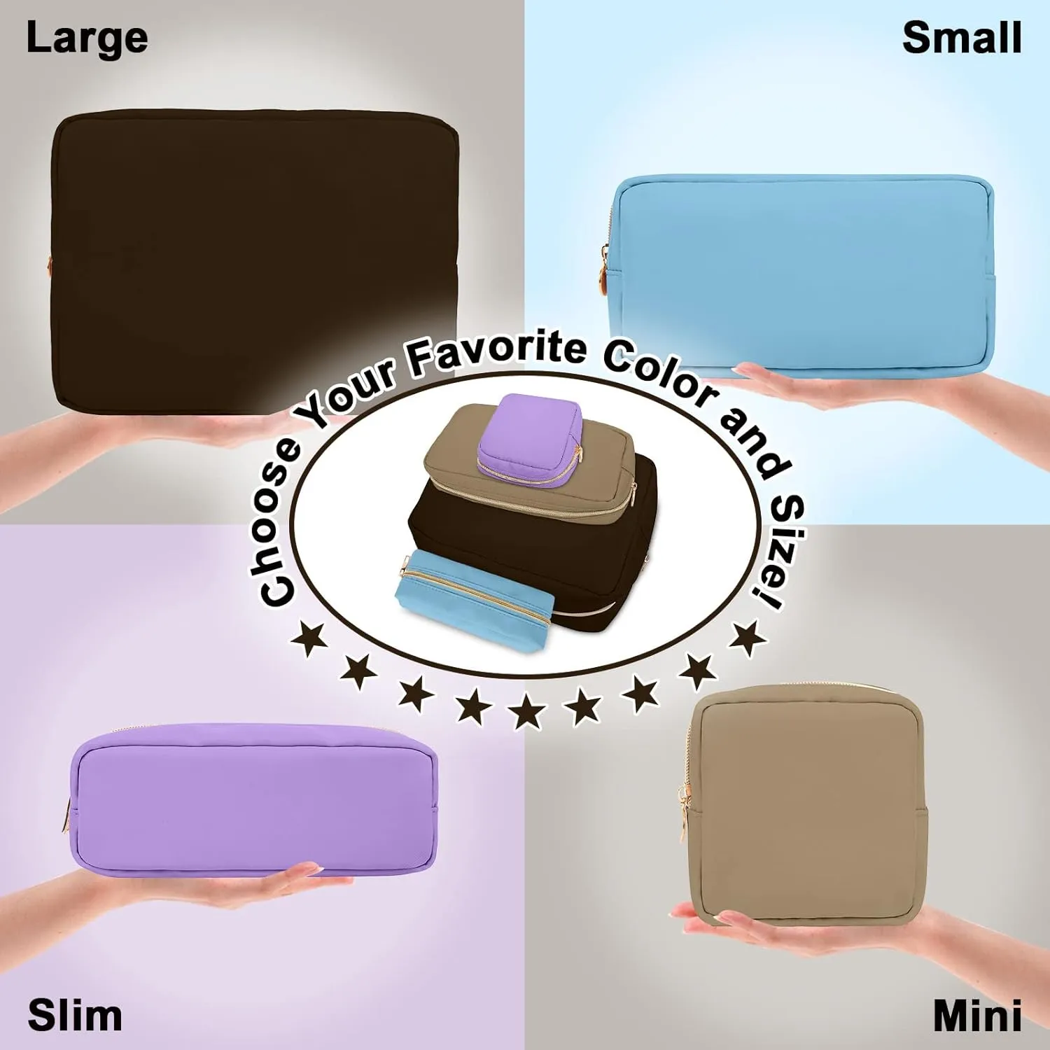 Nylon Large Makeup Bag Travel Pouch for Women, Preppy Big Makeup Bag Cute Cosmetic Zipper Pouch Purse, DIY Chenille Letter Bag Waterproof Toiletry Bag Clutch Make Up Organizer for Women Girls(Brown)
