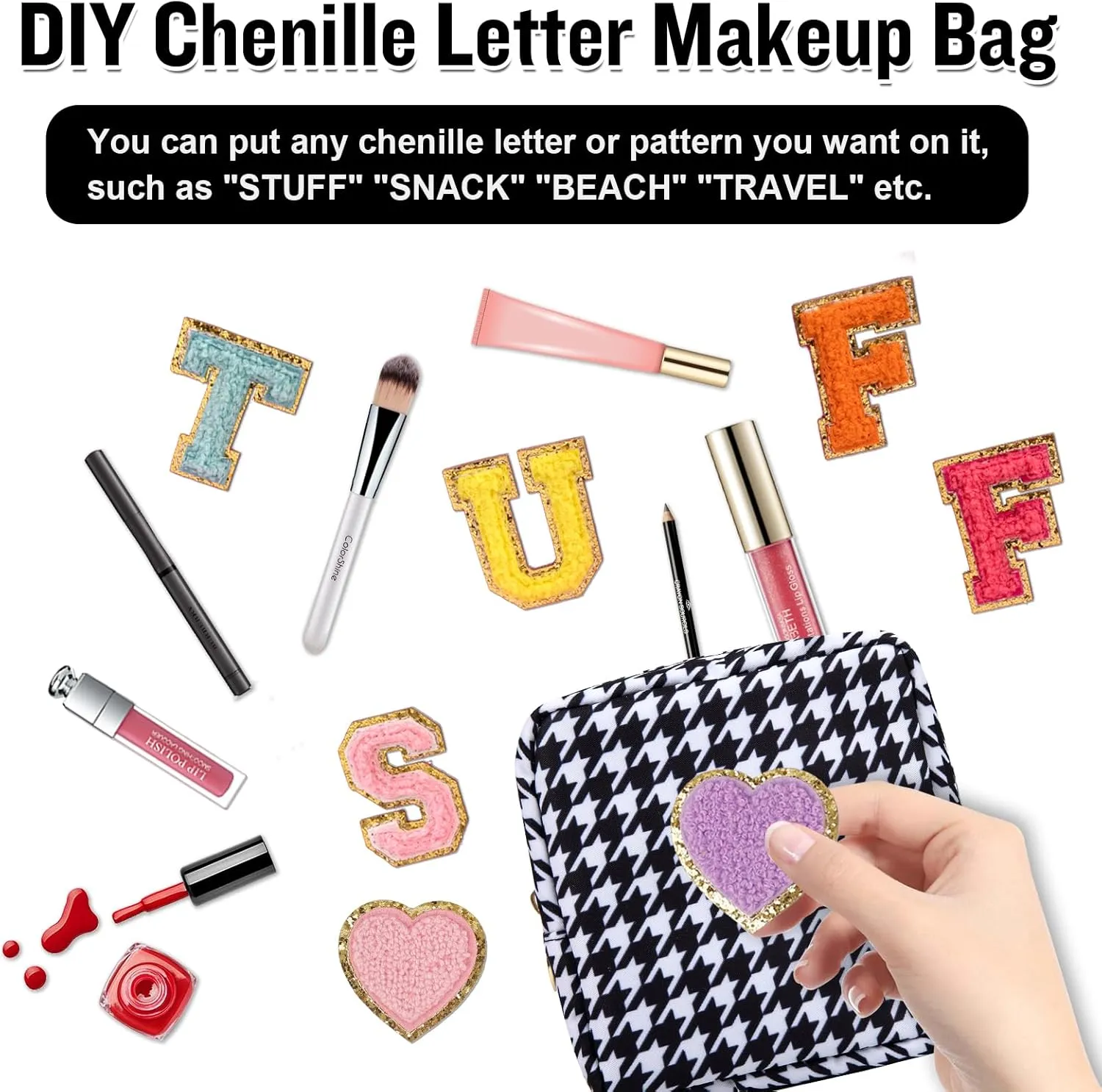 Nylon Mini Makeup Bag for Purse, Small Cute Makeup Bag Preppy Cosmetic Zipper Pouch Purse, Waterproof Travel Coin Pouch Sanitary Napkin Storage Bag Makeup Organizer for Women Girls(Black Houndstooth)