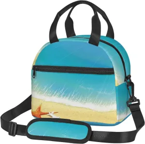 Ocean Animal Pattern,Insulated Reusable Lunch Bag with Adjustable Shoulder Strap for Adults,Seashore Waves on Beach Summer,Leakproof Office Picnic Hiking Beach Tote Bag,Blue Cream,9x5x7.8in