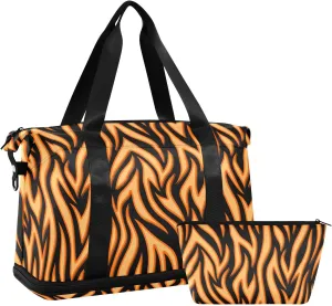 Orange-black Flame Curve Gym Bag Duffle Bag with Wet Pocket&Shoe Compartment Overnight Weekender Travel Bag