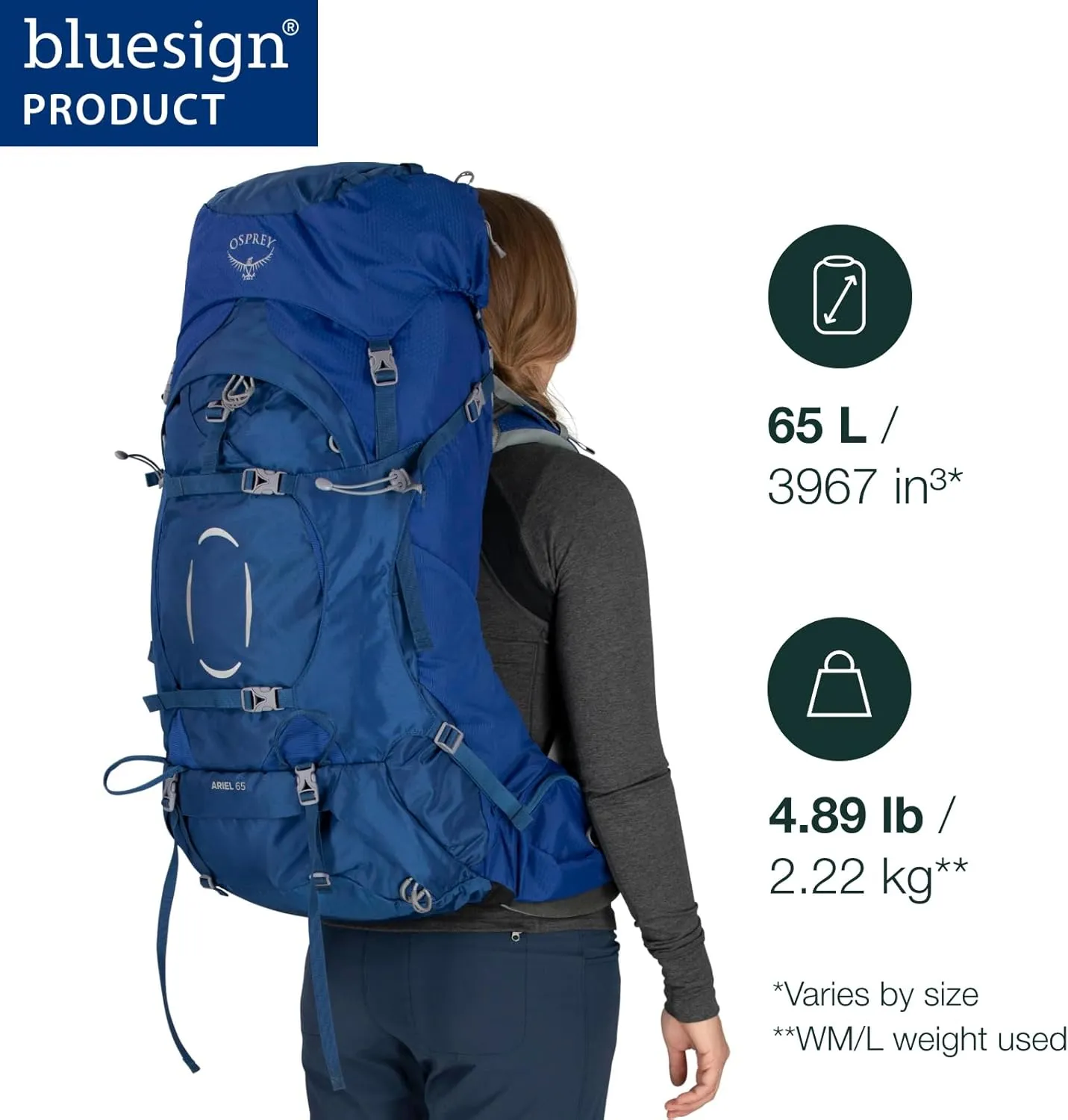 Osprey Ariel 65L Women's Backpacking Backpack, Ceramic Blue, WM/L