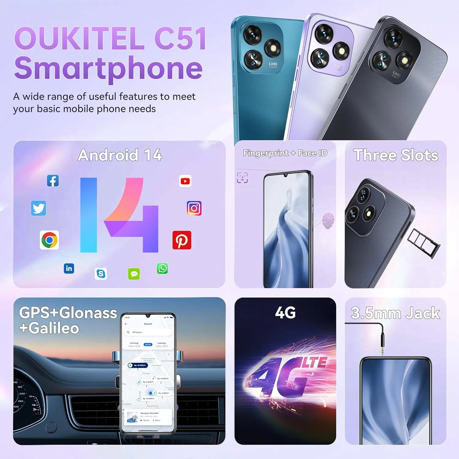 OUKITEL C51 Android 14 Smartphone - 6.8" HD  Screen Unlocked Cell Phones, 18GB 128GB/SD 1TB, 5150mAh Battery Mobile Phones, 13MP Camera, Three Slots, Face ID/Fingerprint, GPS, BT5.0,T-Mobile, Black