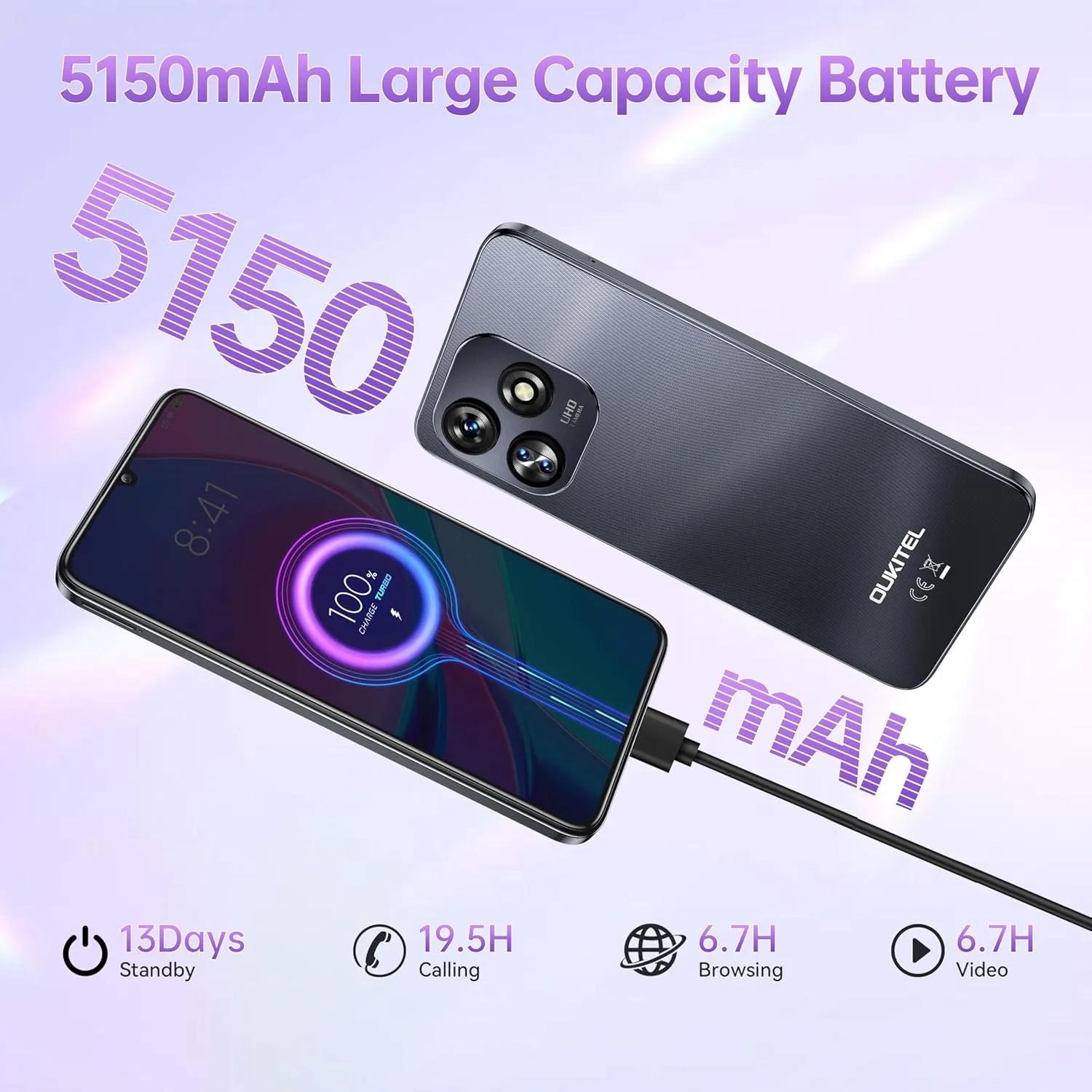 OUKITEL C51 Android 14 Smartphone - 6.8" HD  Screen Unlocked Cell Phones, 18GB 128GB/SD 1TB, 5150mAh Battery Mobile Phones, 13MP Camera, Three Slots, Face ID/Fingerprint, GPS, BT5.0,T-Mobile, Black