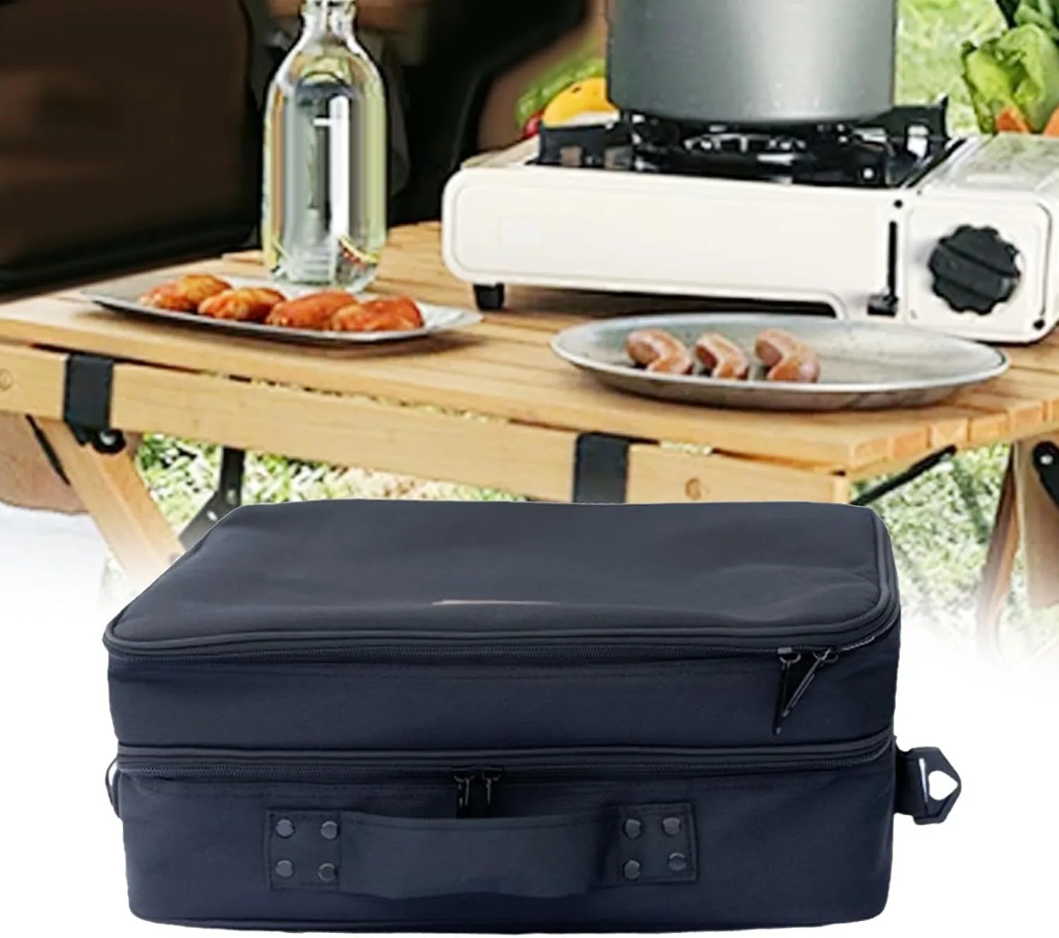 Outdoor Cookware Storage Bag Handbag 2 Layer with Mesh Pocket Camping Furnace Carry Bag Cooking Utensils Bag for Travel