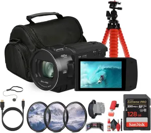 Panasonic HC-V900 Lightweight Full HD Camcorder with 24x Zoom (HC-V900K)   128GB Memory Card   Tripod   Camera Bag   Lens Filter Kit   Flexible Tripod   Cleaning Kit   HDMI/Micro Cable   More