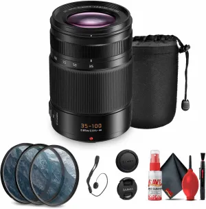 Panasonic Leica DG Vario-Elmarit 35-100mm f/2.8 Lens (H-ES35100) Bundle Including: 3-Piece Filter Kit, Lens Caps, Lens Pouch, Cap Keeper, Full Cleaning Kit