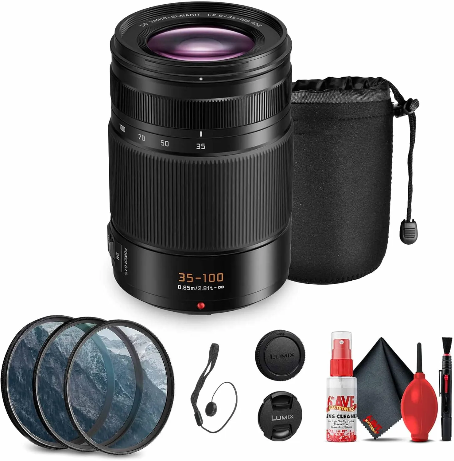 Panasonic Leica DG Vario-Elmarit 35-100mm f/2.8 Lens (H-ES35100) Bundle Including: 3-Piece Filter Kit, Lens Caps, Lens Pouch, Cap Keeper, Full Cleaning Kit