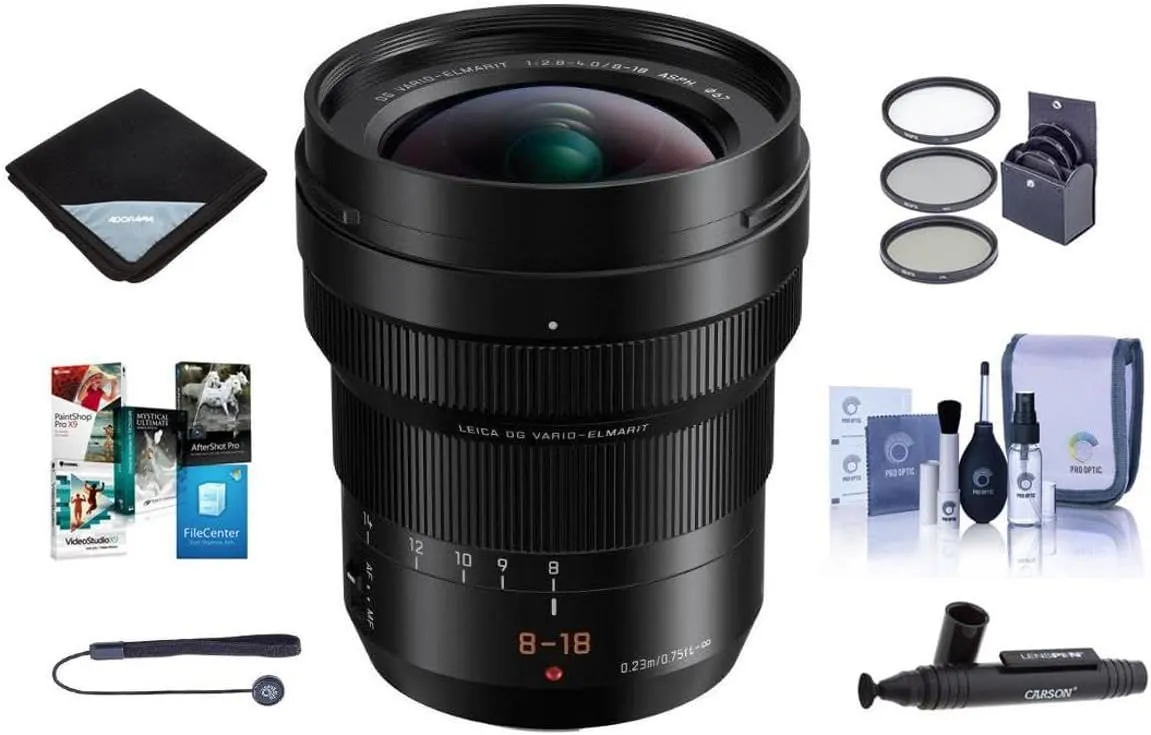 Panasonic Lumix DG Leica Vario-Elmarit 8-18mm f/2.8-4 Asph. Zoom Lens for Micro Four Thirds Mount - Bundle with 67mm Filter Kit, Cleaning Kit, Capleash, Lens Wrap, LensPen Lens Cleaner, Software Pack