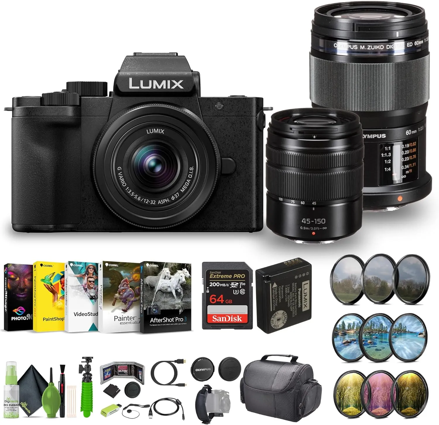 Panasonic Lumix G100D 4K Mirrorless Vlogging Camera, YouTube Vlogger Kit Bundle with M.Zuiko Digital ED 60mm f/2.8 Macro Lens Micro Four Thirds   12-32mm   G Vario 45-150mm Lenses   Vlog Accessories