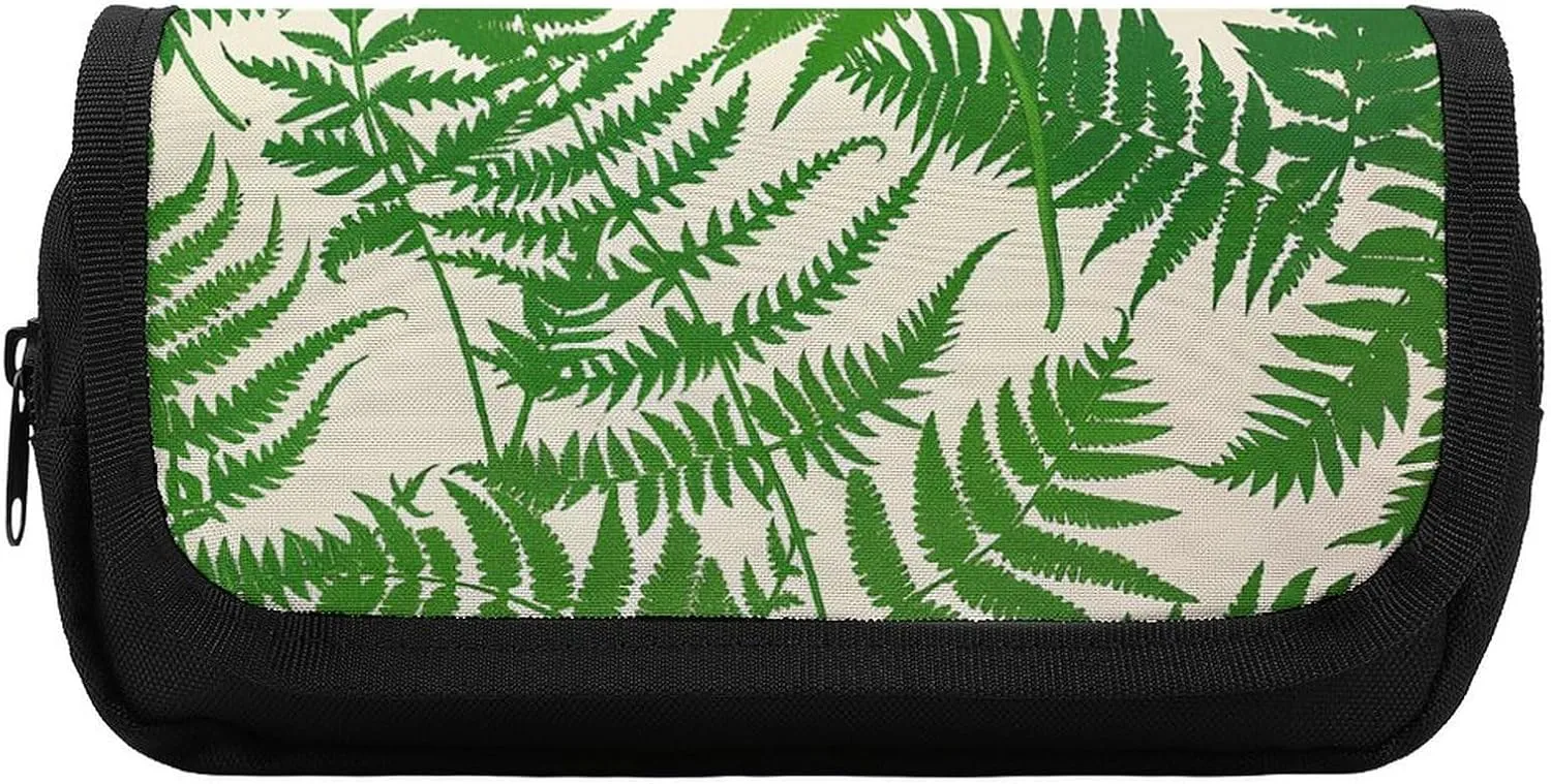 Pencil Pouch Fern Green Plant Pencil Case Zipper Storage Bag with 2 Compartments Portable Multifunctional Bag Desk Organizer Marker Pen Case