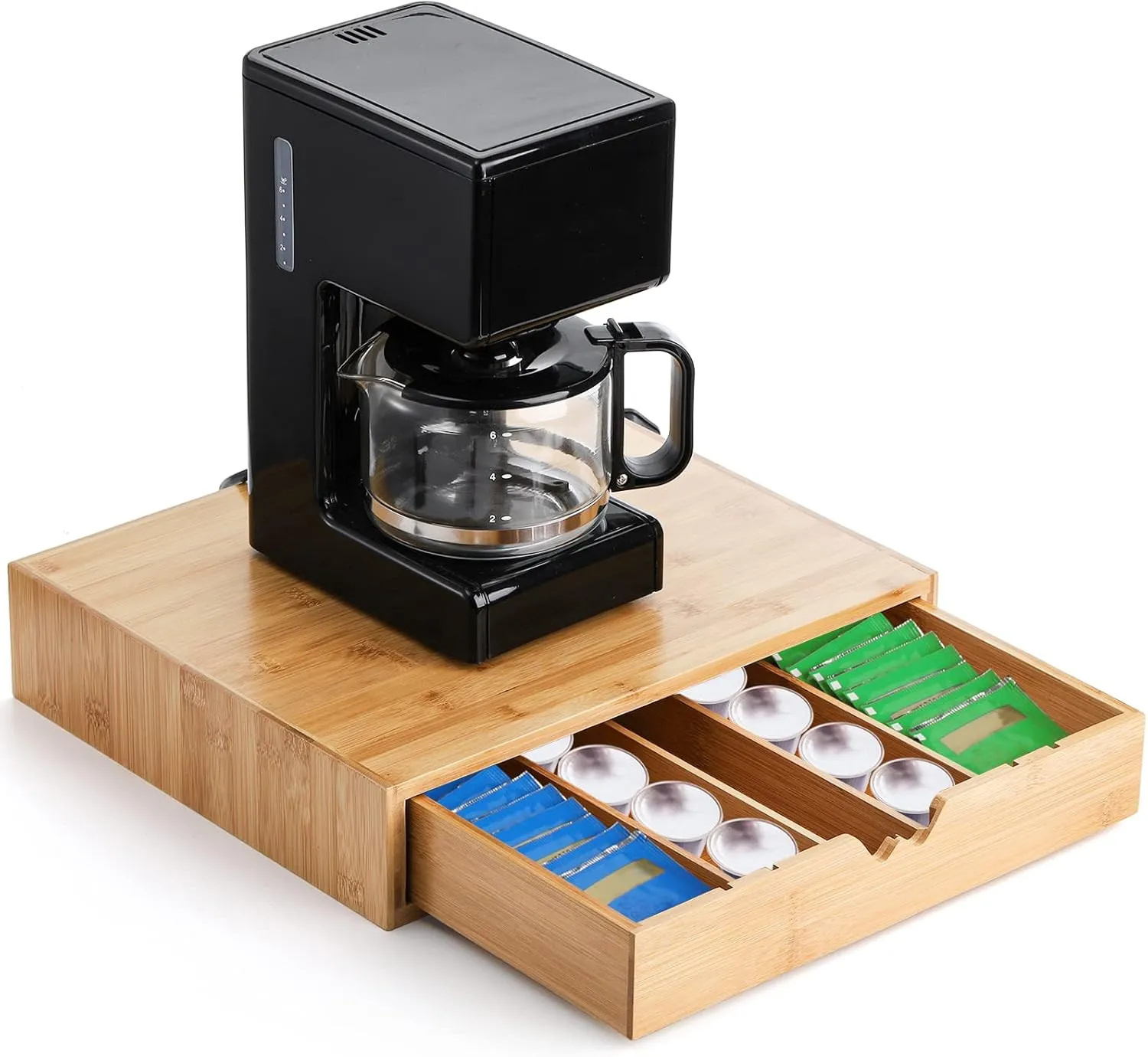 Peohud Bamboo K Cup Holder, Bamboo Coffee Cup Drawer, Coffee Pod Holder Tea Bag Storage Organizer for Kitchen Office Coffee Bars