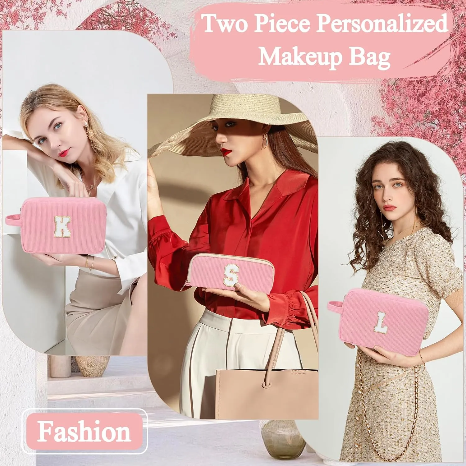 Personalized Initial Cute Makeup Bag Pink Cosmetic Bag Travel Toiletry Bag, Trendy Stuff Mother's Day/Birthday/Graduation Gifts for Women, Mom, Girlfriend, Wife Makeup Organizer Case for Girls - A