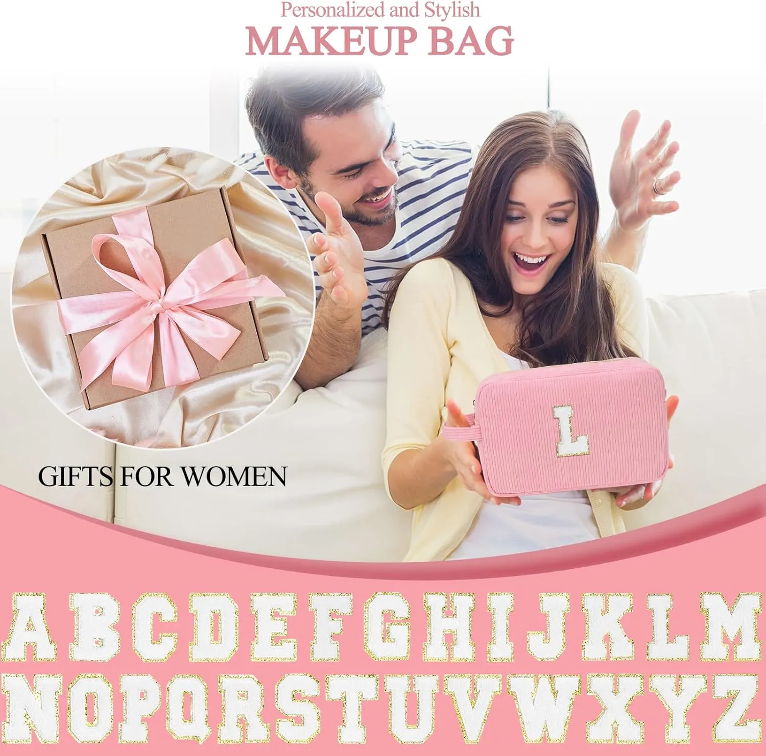 Personalized Initial Cute Makeup Bag Pink Cosmetic Bag Travel Toiletry Bag, Trendy Stuff Mother's Day/Birthday/Graduation Gifts for Women, Mom, Girlfriend, Wife Makeup Organizer Case for Girls - A