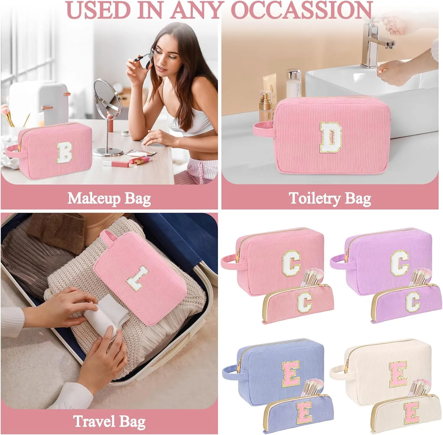 Personalized Initial Cute Makeup Bag Pink Cosmetic Bag Travel Toiletry Bag, Trendy Stuff Mother's Day/Birthday/Graduation Gifts for Women, Mom, Girlfriend, Wife Makeup Organizer Case for Girls - A