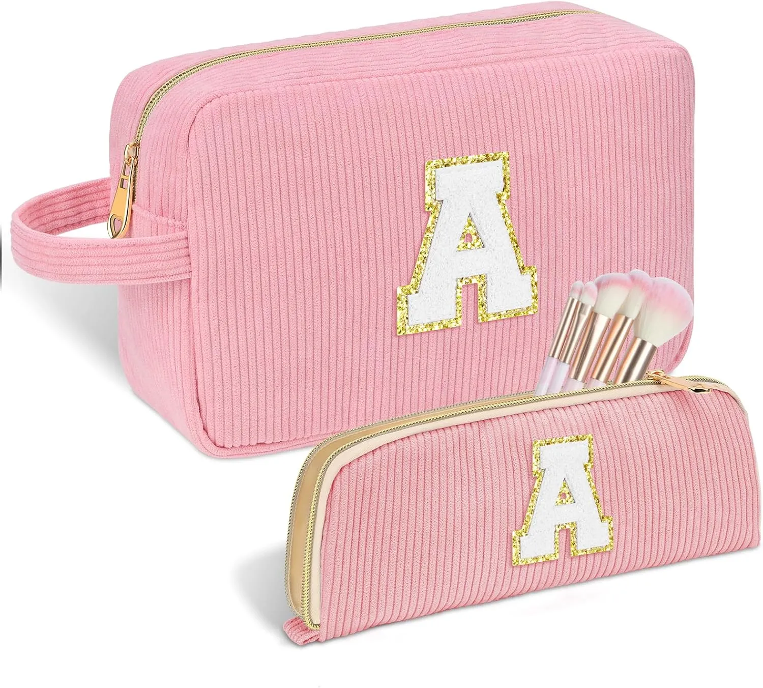 Personalized Initial Cute Makeup Bag Pink Cosmetic Bag Travel Toiletry Bag, Trendy Stuff Mother's Day/Birthday/Graduation Gifts for Women, Mom, Girlfriend, Wife Makeup Organizer Case for Girls - A