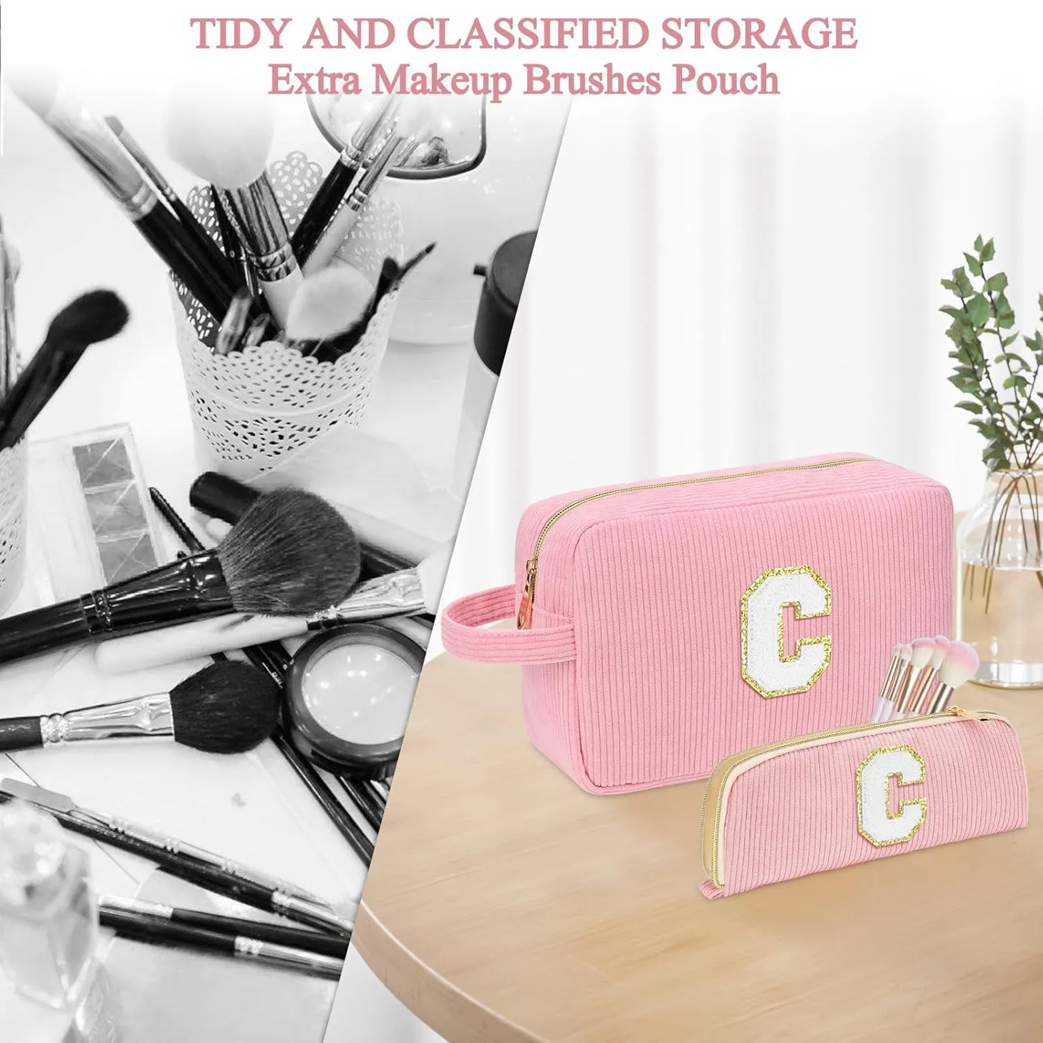 Personalized Initial Cute Makeup Bag Pink Cosmetic Bag Travel Toiletry Bag, Trendy Stuff Mother's Day/Birthday/Graduation Gifts for Women, Mom, Girlfriend, Wife Makeup Organizer Case for Girls - A