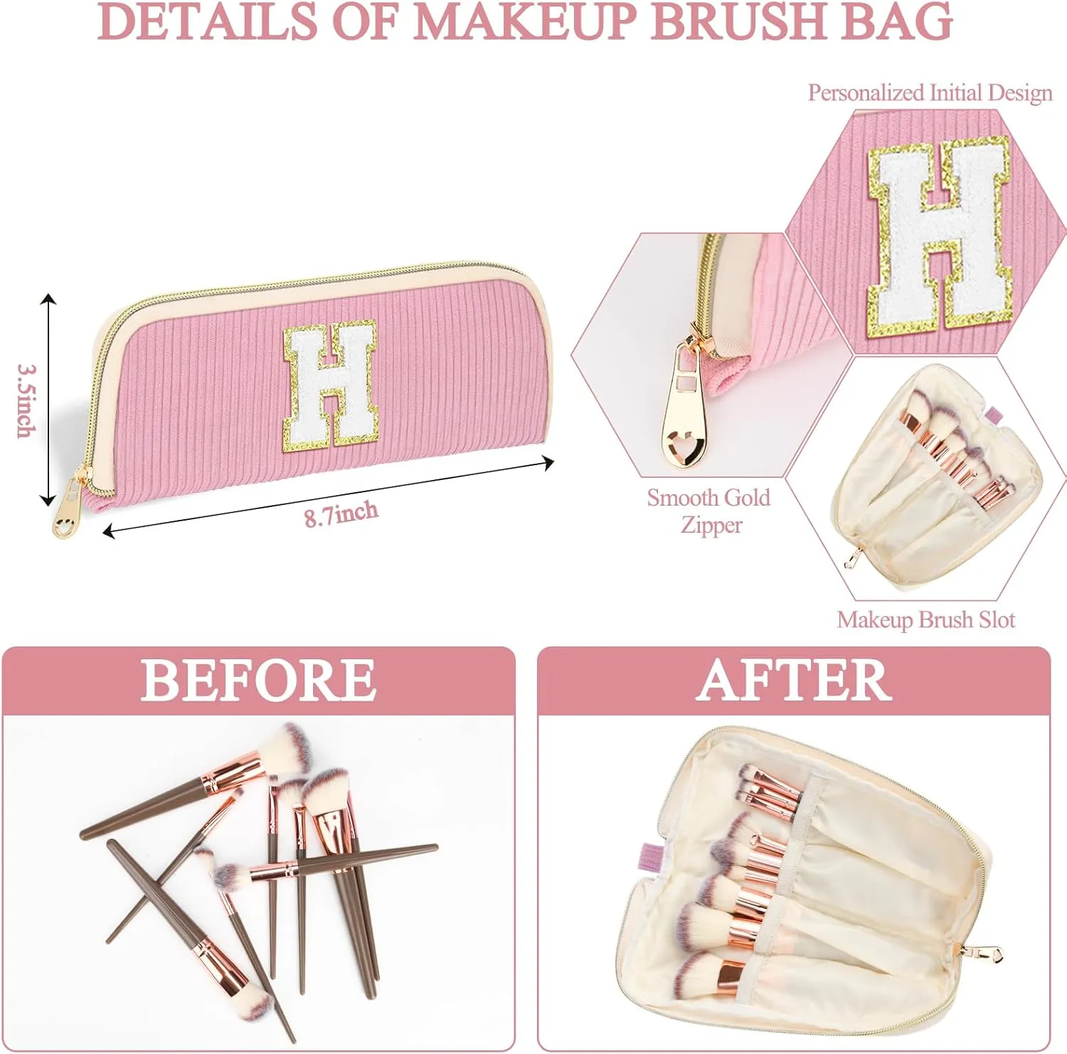 Personalized Initial Cute Makeup Bag Pink Cosmetic Bag Travel Toiletry Bag, Trendy Stuff Mother's Day/Birthday/Graduation Gifts for Women, Mom, Girlfriend, Wife Makeup Organizer Case for Girls - A