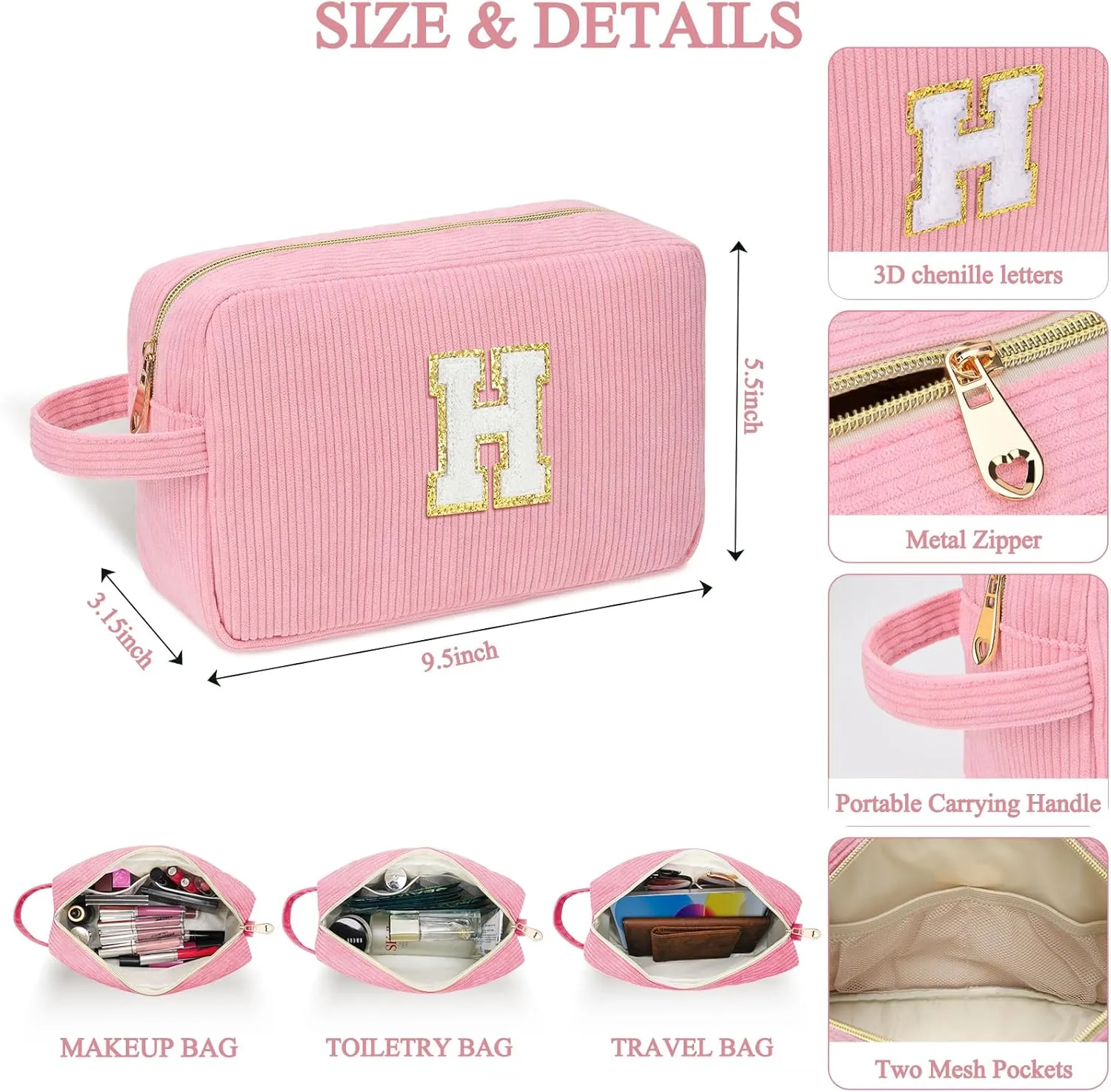 Personalized Initial Cute Makeup Bag Pink Cosmetic Bag Travel Toiletry Bag, Trendy Stuff Mother's Day/Birthday/Graduation Gifts for Women, Mom, Girlfriend, Wife Makeup Organizer Case for Girls - A