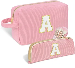 Personalized Initial Cute Makeup Bag Pink Cosmetic Bag Travel Toiletry Bag, Trendy Stuff Mother's Day/Birthday/Graduation Gifts for Women, Mom, Girlfriend, Wife Makeup Organizer Case for Girls - A