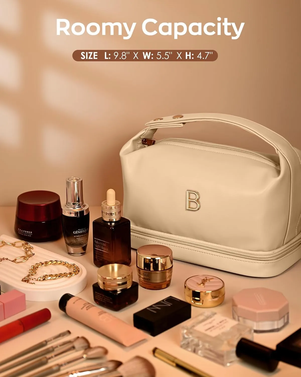 Personalized Makeup Bag, Initial Double Layer Cosmetic Bag with Makeup Brush Organizer, Waterproof, Large Capacity PU Leather Travel Toiletry Bag Retirement Gifts, Daughter Gifts
