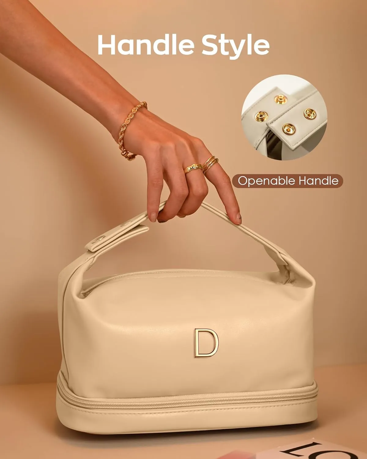 Personalized Makeup Bag, Initial Double Layer Cosmetic Bag with Makeup Brush Organizer, Waterproof, Large Capacity PU Leather Travel Toiletry Bag Retirement Gifts, Daughter Gifts