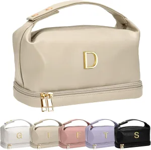 Personalized Makeup Bag, Initial Double Layer Cosmetic Bag with Makeup Brush Organizer, Waterproof, Large Capacity PU Leather Travel Toiletry Bag Retirement Gifts, Daughter Gifts