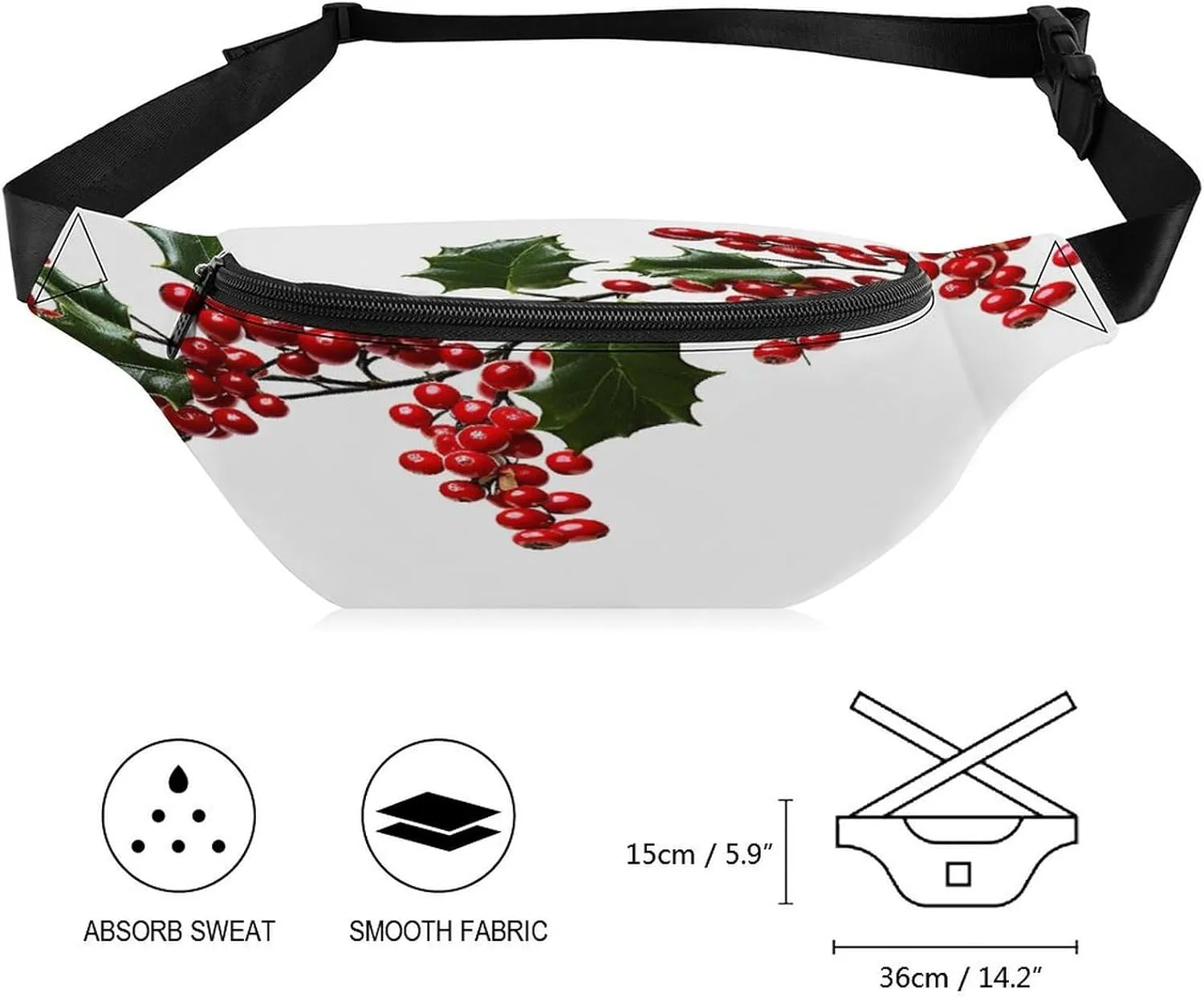 Personalized Waist Packs with Adjustable Strap,Holly Berry Branches CrossBody Fanny Pack Casual Bag for Travel Sports Running Hiking