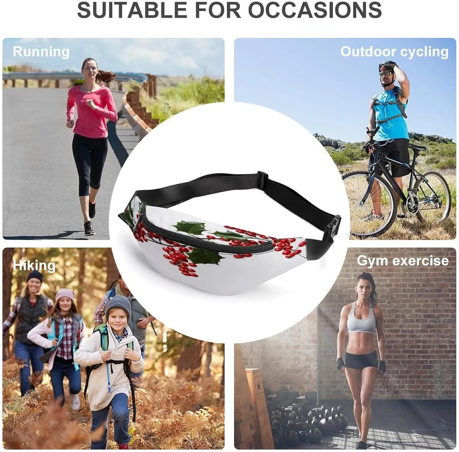 Personalized Waist Packs with Adjustable Strap,Holly Berry Branches CrossBody Fanny Pack Casual Bag for Travel Sports Running Hiking