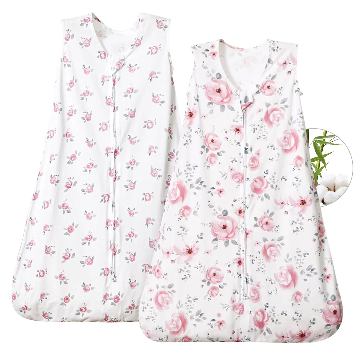 PHF 70% Rayon Derived from Bamboo and 30% Cotton Baby Sleep Sacks 12-18 Months, Baby Sleeping Bag 2-Way Zipper, 2 Pack 0.5 TOG Soft and Breathable Wearable Blanket for Baby Girls Large Size, Floral