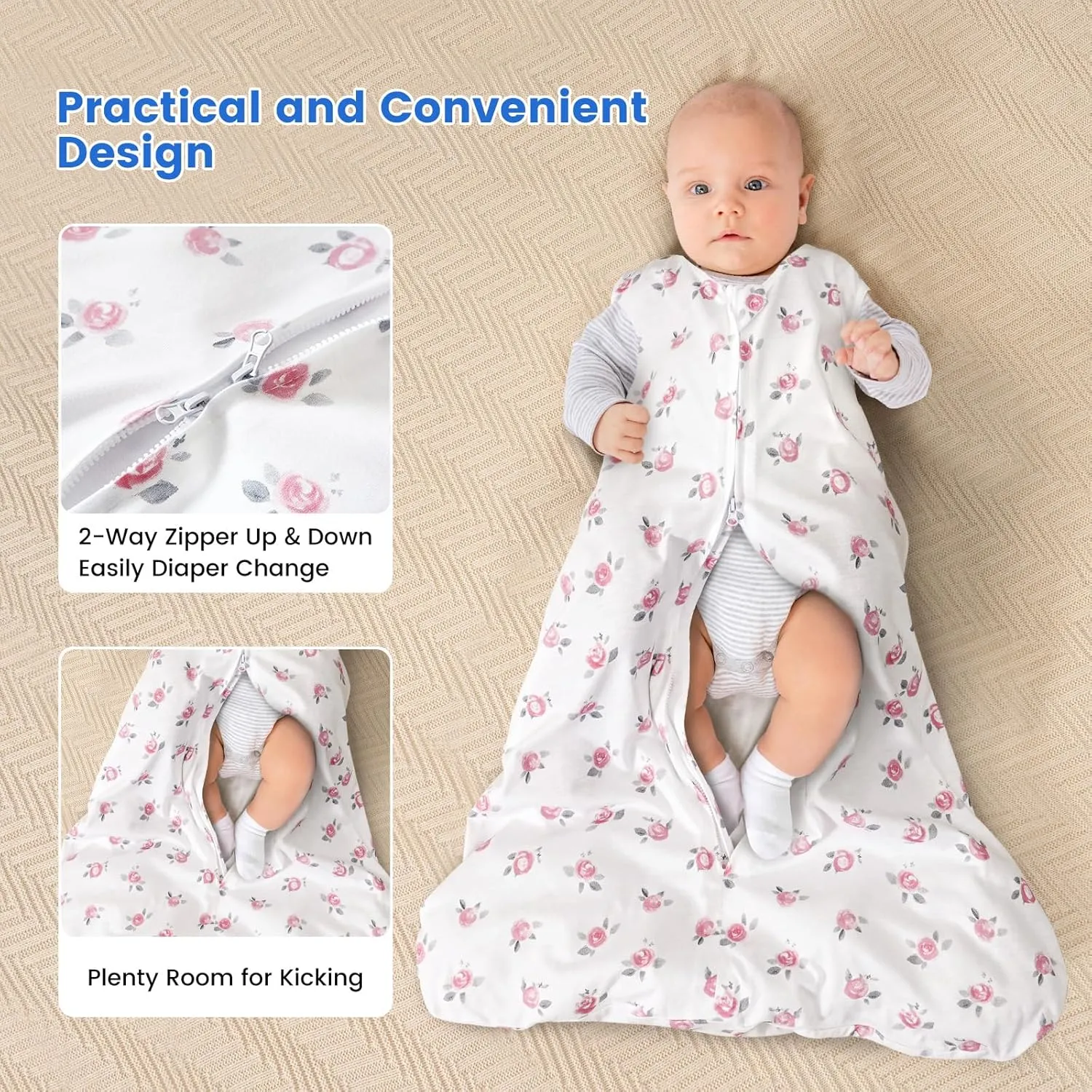 PHF 70% Rayon Derived from Bamboo and 30% Cotton Baby Sleep Sacks 12-18 Months, Baby Sleeping Bag 2-Way Zipper, 2 Pack 0.5 TOG Soft and Breathable Wearable Blanket for Baby Girls Large Size, Floral