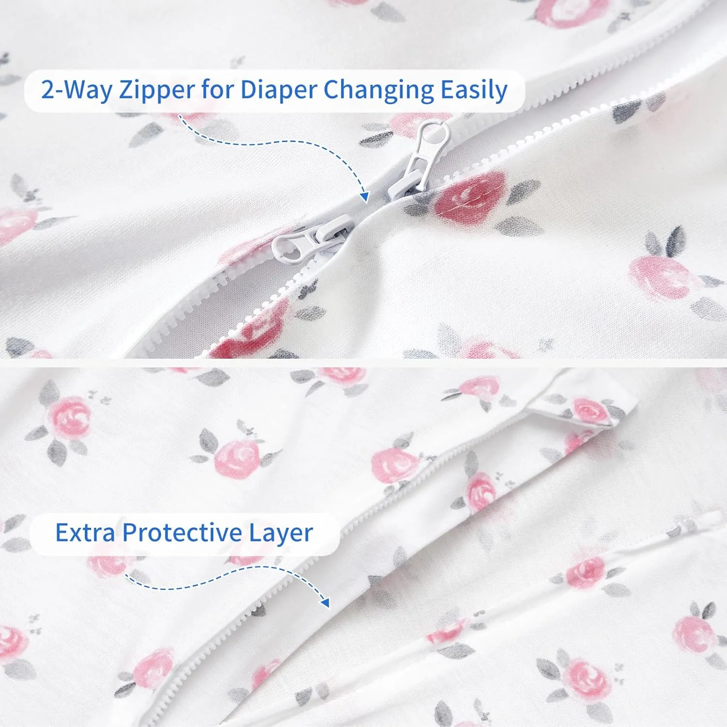 PHF 70% Rayon Derived from Bamboo and 30% Cotton Baby Sleep Sacks 12-18 Months, Baby Sleeping Bag 2-Way Zipper, 2 Pack 0.5 TOG Soft and Breathable Wearable Blanket for Baby Girls Large Size, Floral