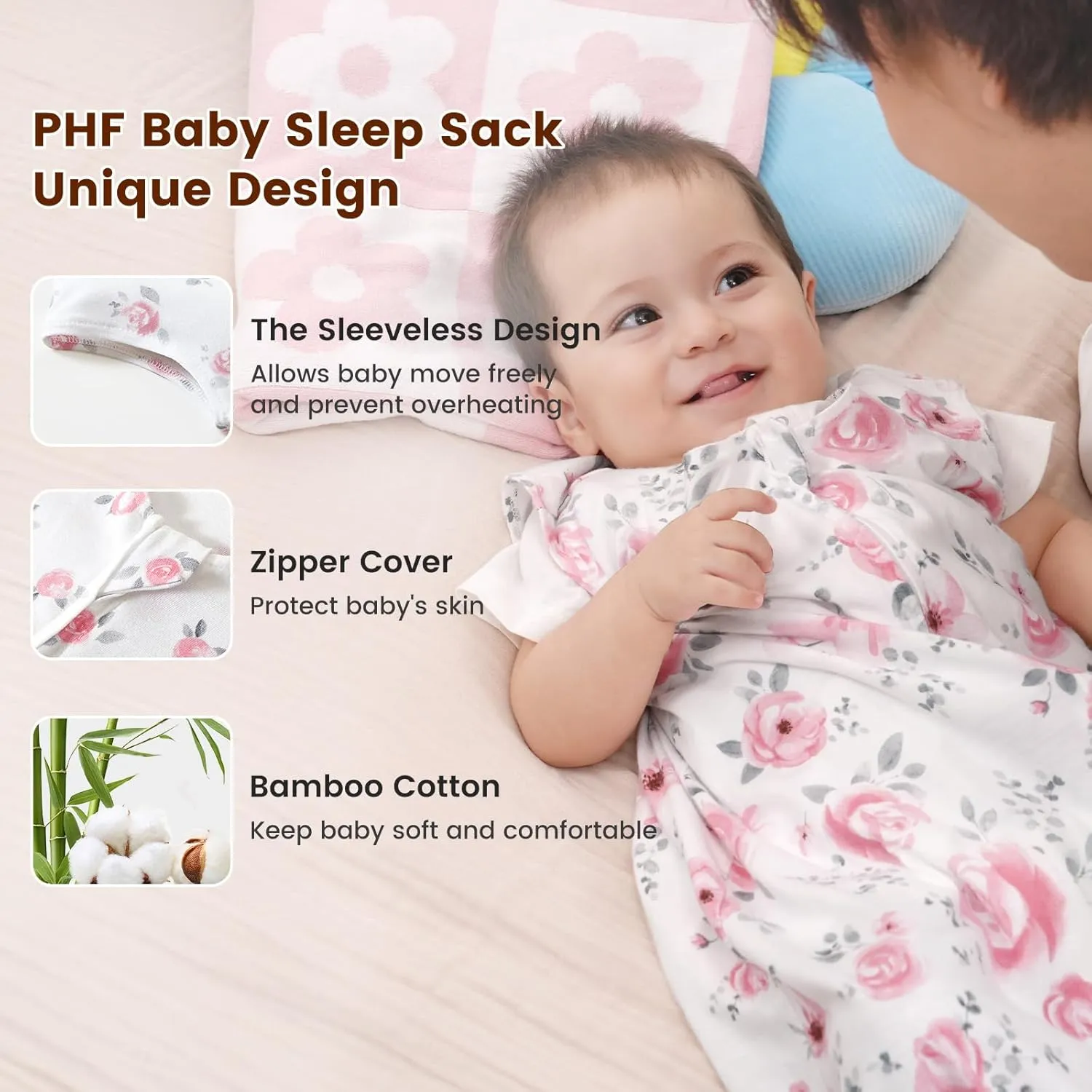PHF 70% Rayon Derived from Bamboo and 30% Cotton Baby Sleep Sacks 12-18 Months, Baby Sleeping Bag 2-Way Zipper, 2 Pack 0.5 TOG Soft and Breathable Wearable Blanket for Baby Girls Large Size, Floral
