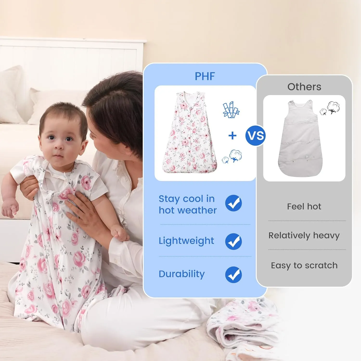 PHF 70% Rayon Derived from Bamboo and 30% Cotton Baby Sleep Sacks 12-18 Months, Baby Sleeping Bag 2-Way Zipper, 2 Pack 0.5 TOG Soft and Breathable Wearable Blanket for Baby Girls Large Size, Floral
