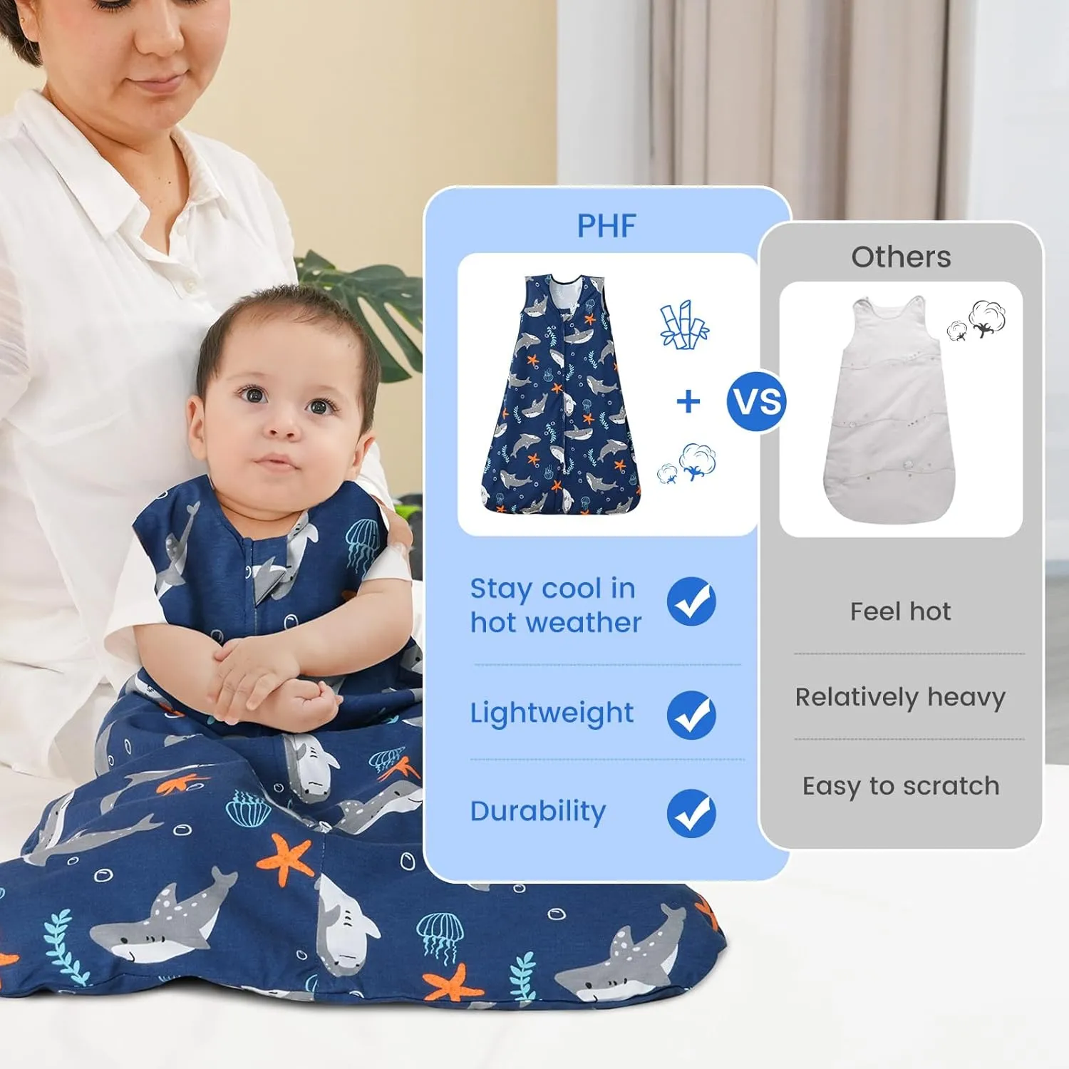 PHF 70% Rayon Derived from Bamboo and 30% Cotton Baby Sleep Sacks 12-18 Months, Baby Sleeping Bag with 2-Way Zipper, 2 Pack 0.5 TOG Soft and Breathable Wearable Blanket for Baby Boys Large Size, Shark