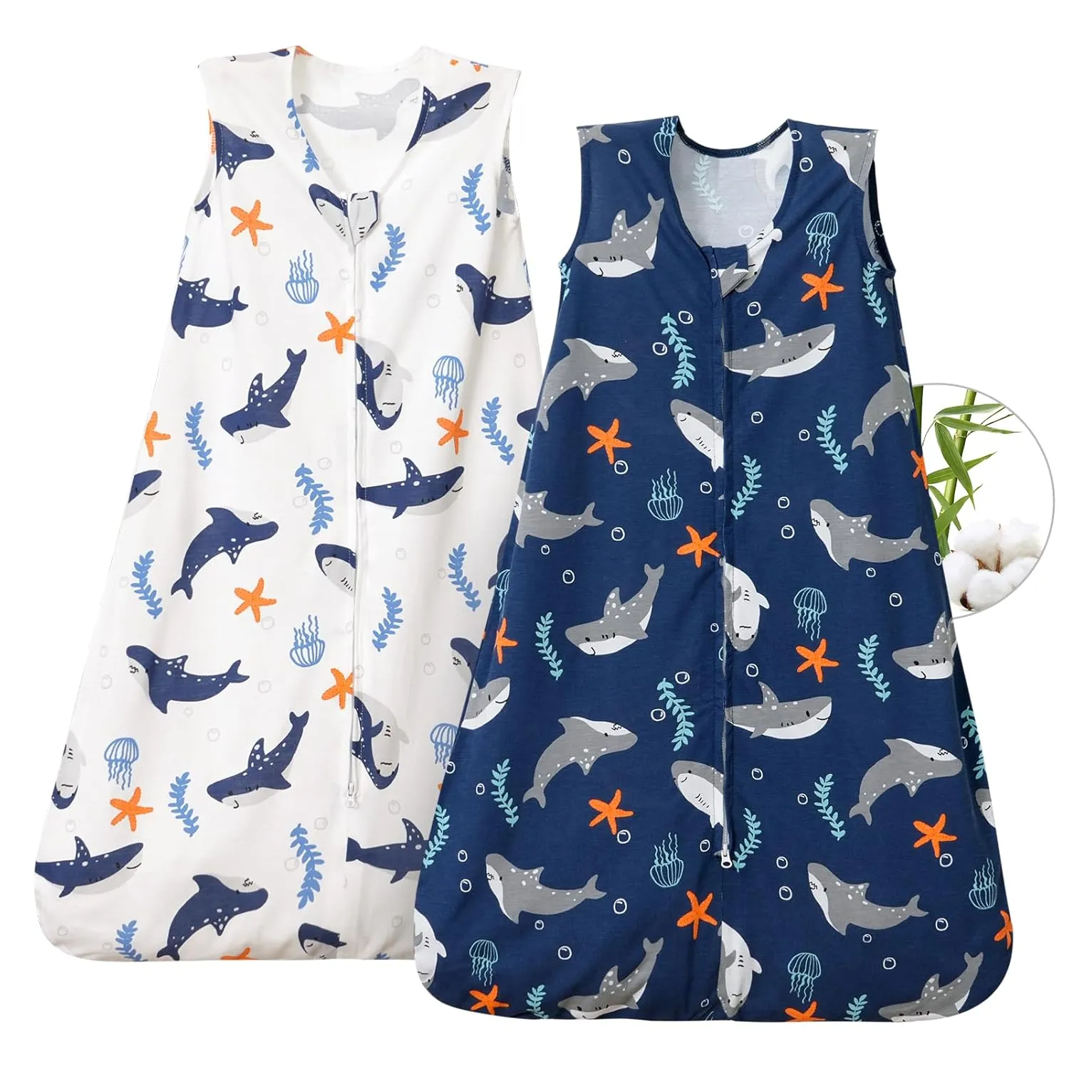 PHF 70% Rayon Derived from Bamboo and 30% Cotton Baby Sleep Sacks 12-18 Months, Baby Sleeping Bag with 2-Way Zipper, 2 Pack 0.5 TOG Soft and Breathable Wearable Blanket for Baby Boys Large Size, Shark
