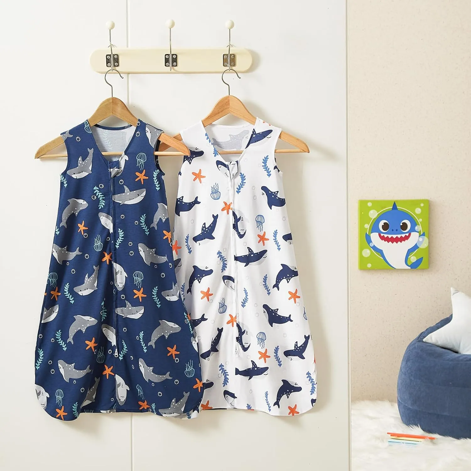 PHF 70% Rayon Derived from Bamboo and 30% Cotton Baby Sleep Sacks 12-18 Months, Baby Sleeping Bag with 2-Way Zipper, 2 Pack 0.5 TOG Soft and Breathable Wearable Blanket for Baby Boys Large Size, Shark