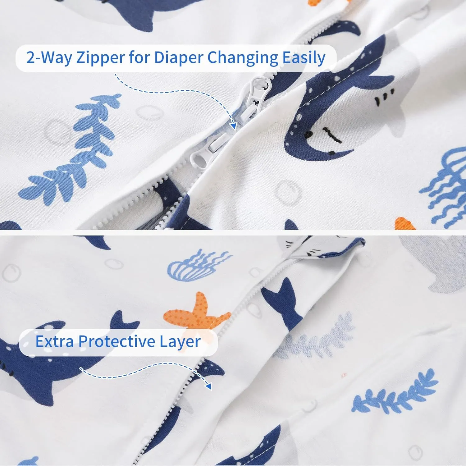 PHF 70% Rayon Derived from Bamboo and 30% Cotton Baby Sleep Sacks 12-18 Months, Baby Sleeping Bag with 2-Way Zipper, 2 Pack 0.5 TOG Soft and Breathable Wearable Blanket for Baby Boys Large Size, Shark