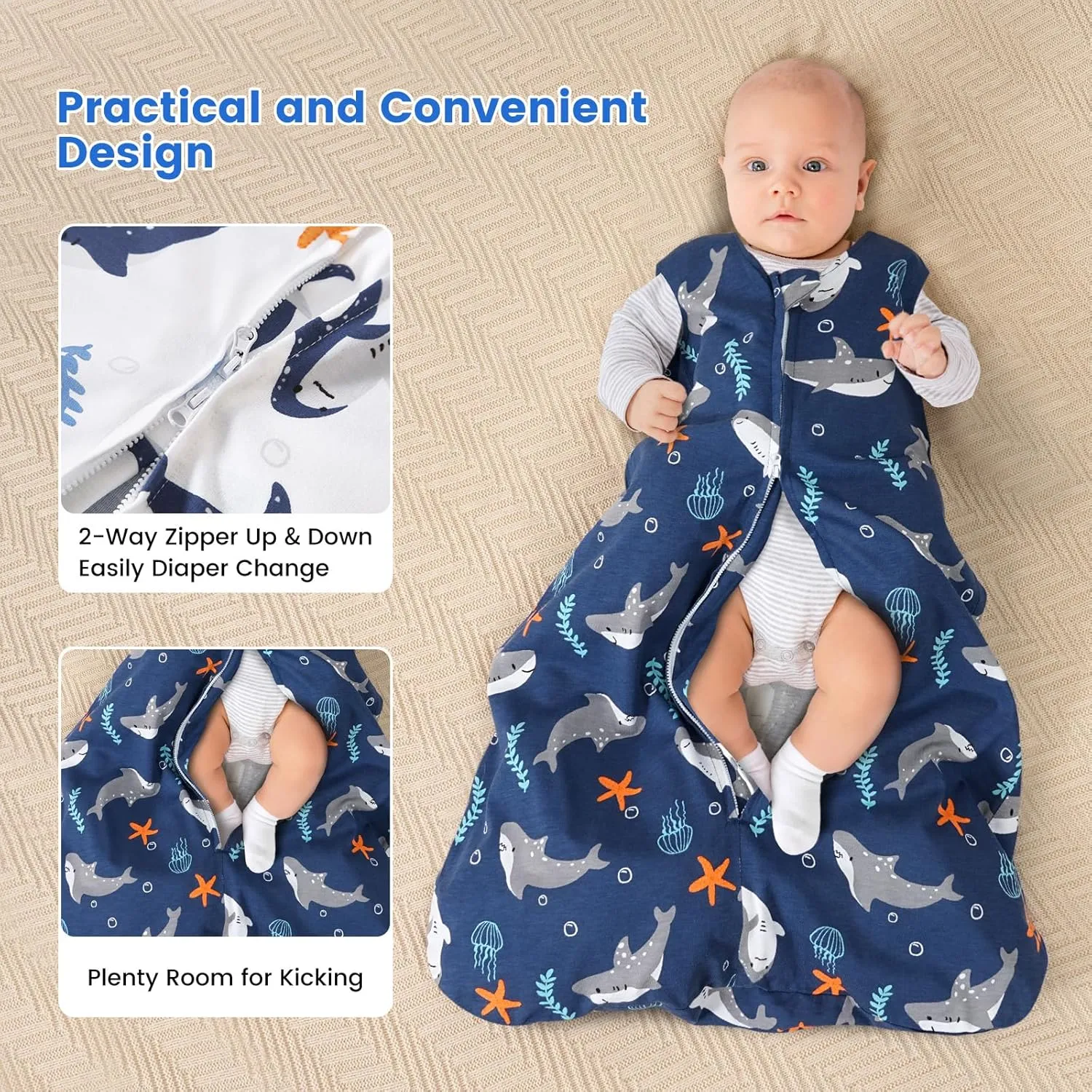 PHF 70% Rayon Derived from Bamboo and 30% Cotton Baby Sleep Sacks 12-18 Months, Baby Sleeping Bag with 2-Way Zipper, 2 Pack 0.5 TOG Soft and Breathable Wearable Blanket for Baby Boys Large Size, Shark
