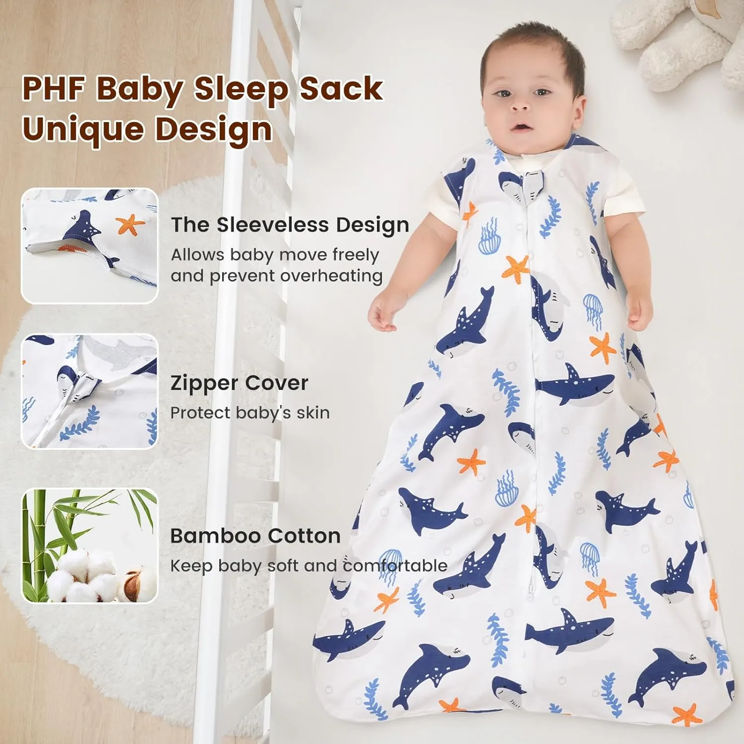 PHF 70% Rayon Derived from Bamboo and 30% Cotton Baby Sleep Sacks 12-18 Months, Baby Sleeping Bag with 2-Way Zipper, 2 Pack 0.5 TOG Soft and Breathable Wearable Blanket for Baby Boys Large Size, Shark