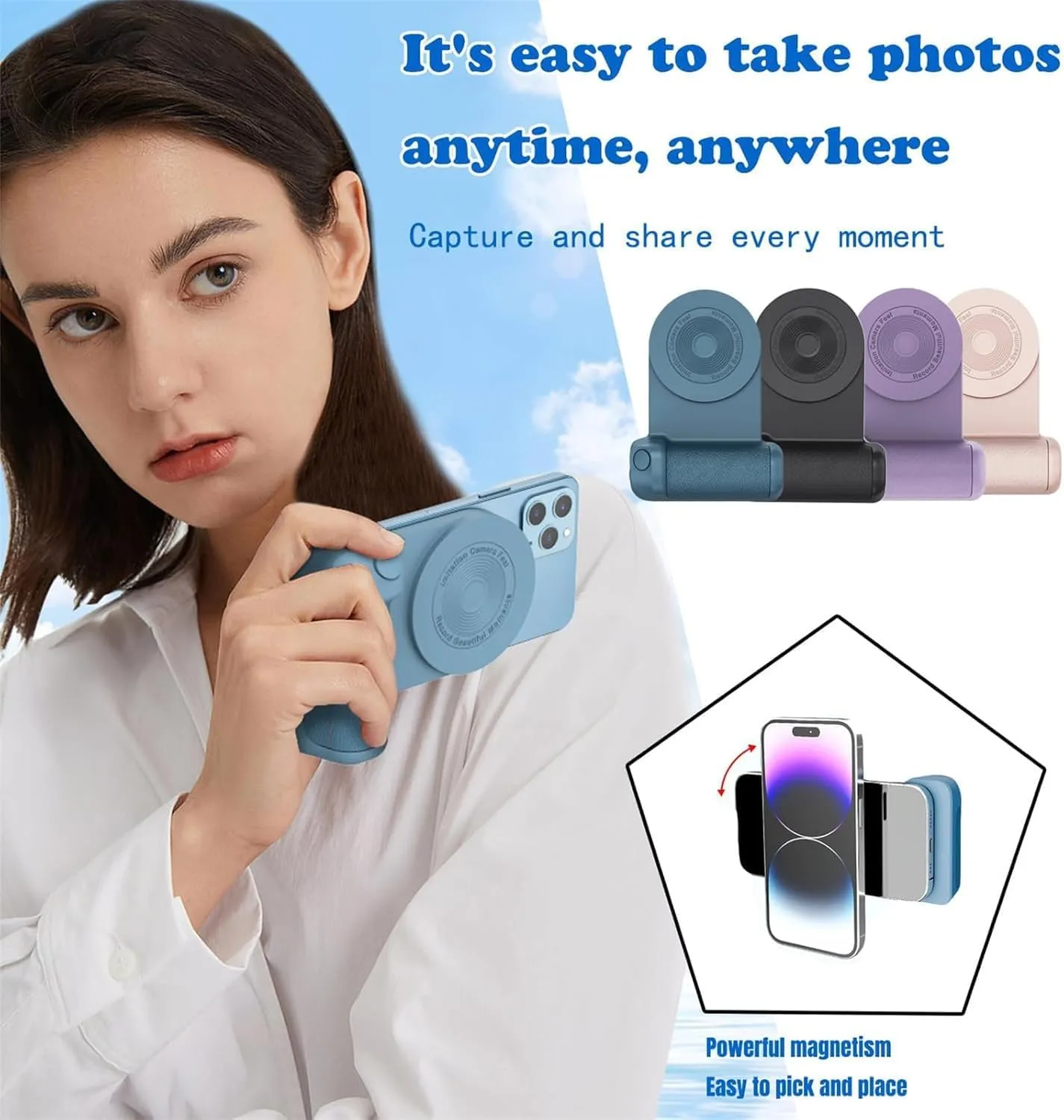 Photoklick Kamera Griff, Photoklick Camera Grip, Magnetic Camera Handle Bluetooth Bracket, Elevopro Vlogger Pro, Photography Support Stand Grip, Magnetic Holder Stabilizer, Wireless Charging (Blue)