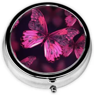 Pink Butterfly Pill Box Round Pill Case for Pocket Purse 3 Compartment Medicine Pill Organizer Cute Portable Travel Pillbox Vitamin Cod Liver Oil Storage Box Unique Gift Organizer