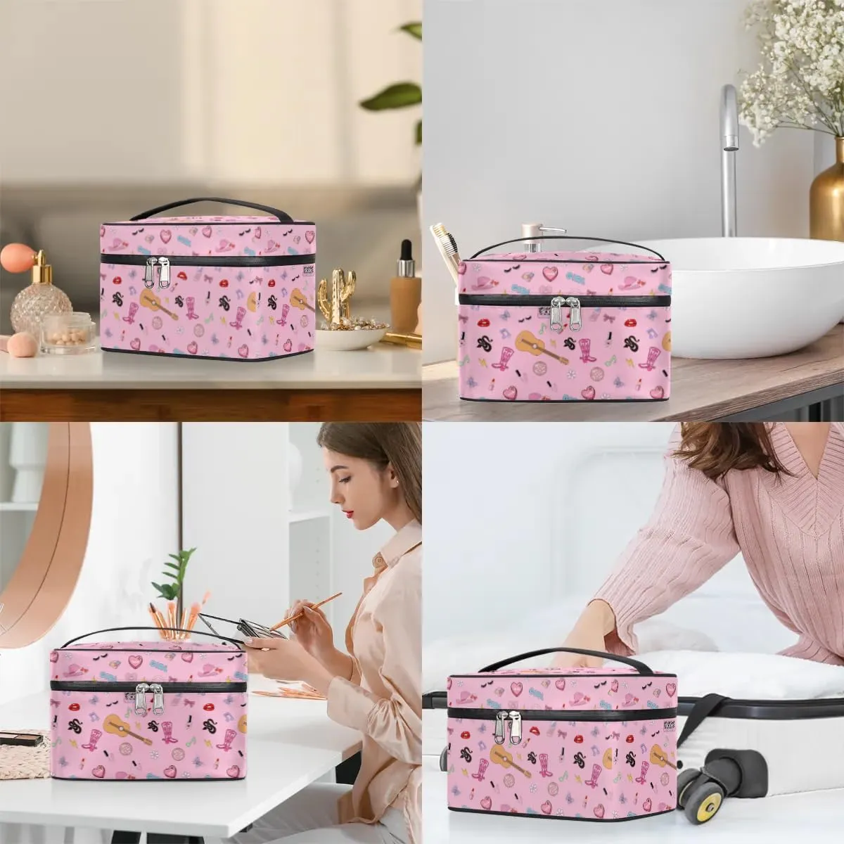 Pink Western Stuff Makeup Bag, Cowgirl Country Music Travel Cosmetic Bag for Women Girls Large Capacity Make Up Case Cosmetic Organizer Toiletry Bag Zipper Pouch