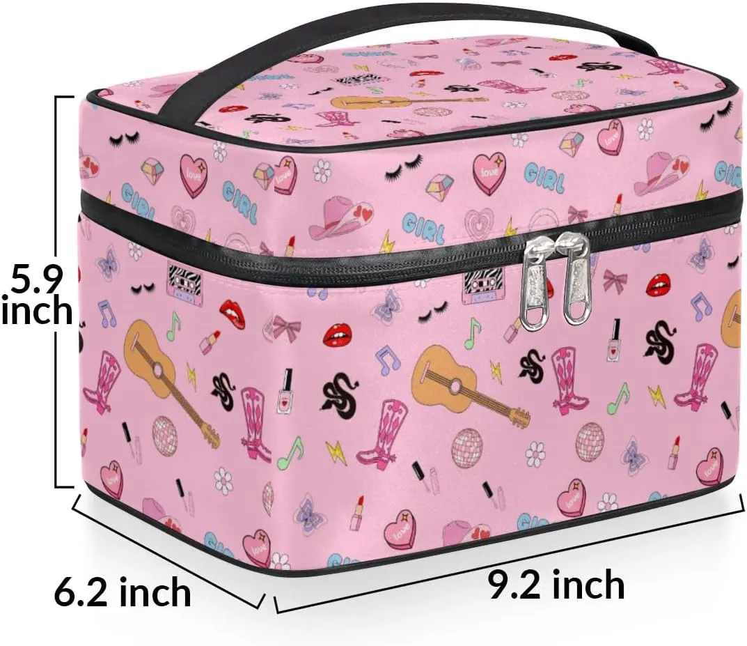 Pink Western Stuff Makeup Bag, Cowgirl Country Music Travel Cosmetic Bag for Women Girls Large Capacity Make Up Case Cosmetic Organizer Toiletry Bag Zipper Pouch