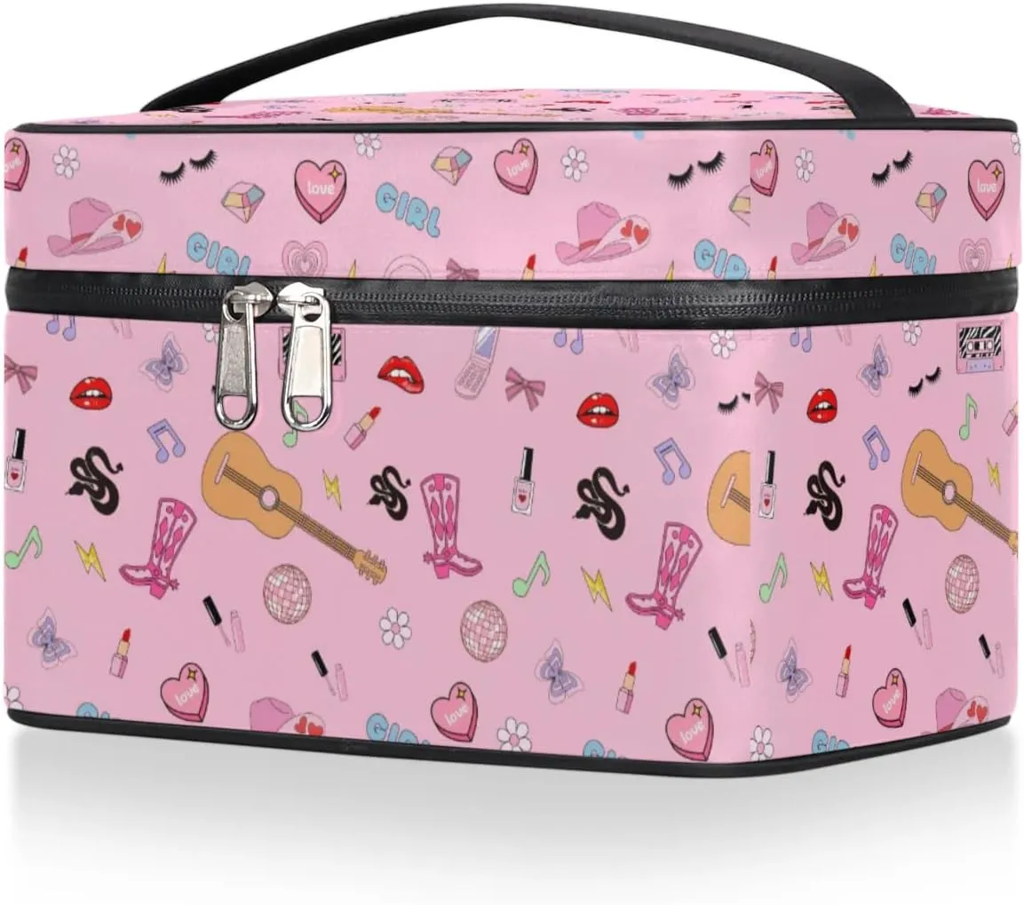 Pink Western Stuff Makeup Bag, Cowgirl Country Music Travel Cosmetic Bag for Women Girls Large Capacity Make Up Case Cosmetic Organizer Toiletry Bag Zipper Pouch