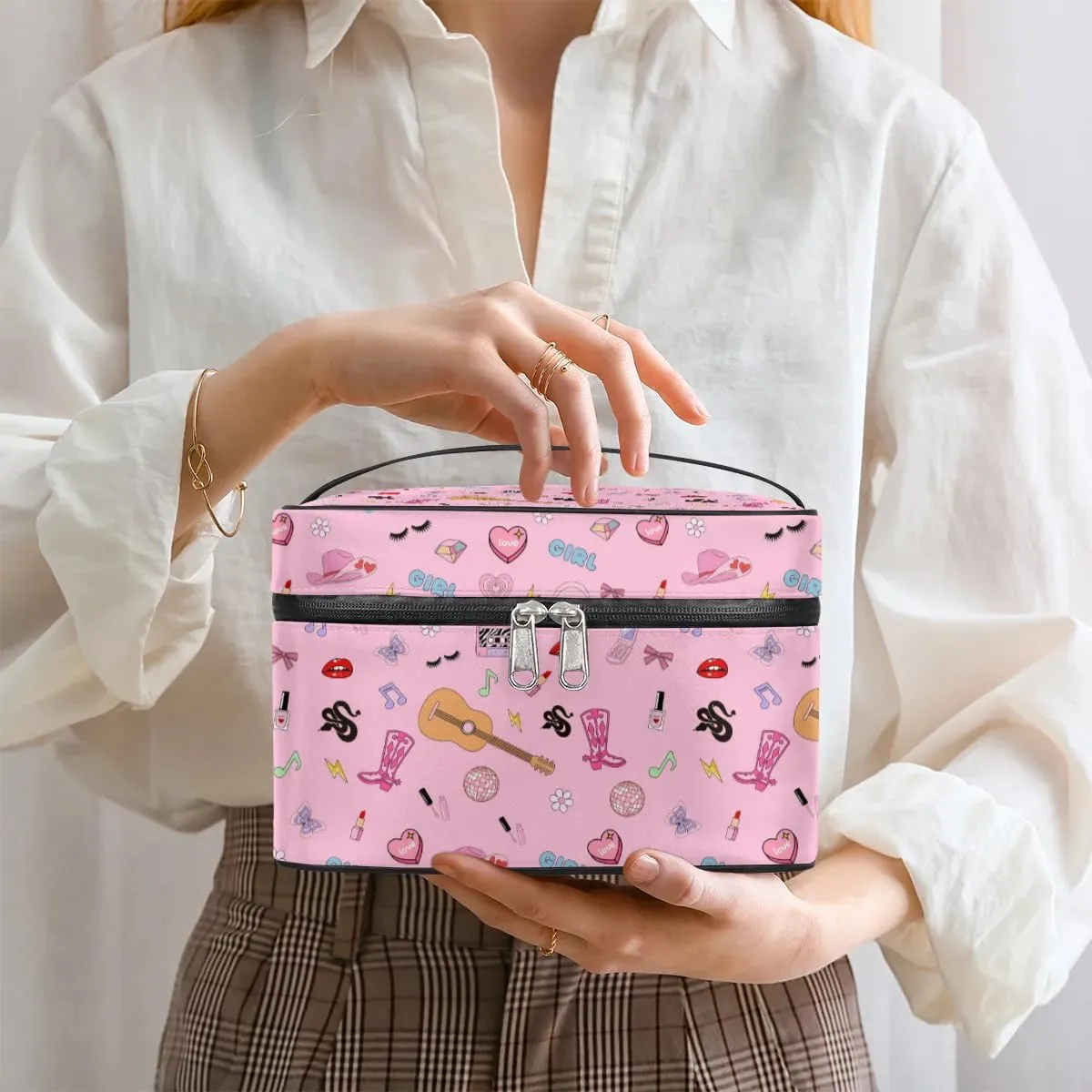 Pink Western Stuff Makeup Bag, Cowgirl Country Music Travel Cosmetic Bag for Women Girls Large Capacity Make Up Case Cosmetic Organizer Toiletry Bag Zipper Pouch