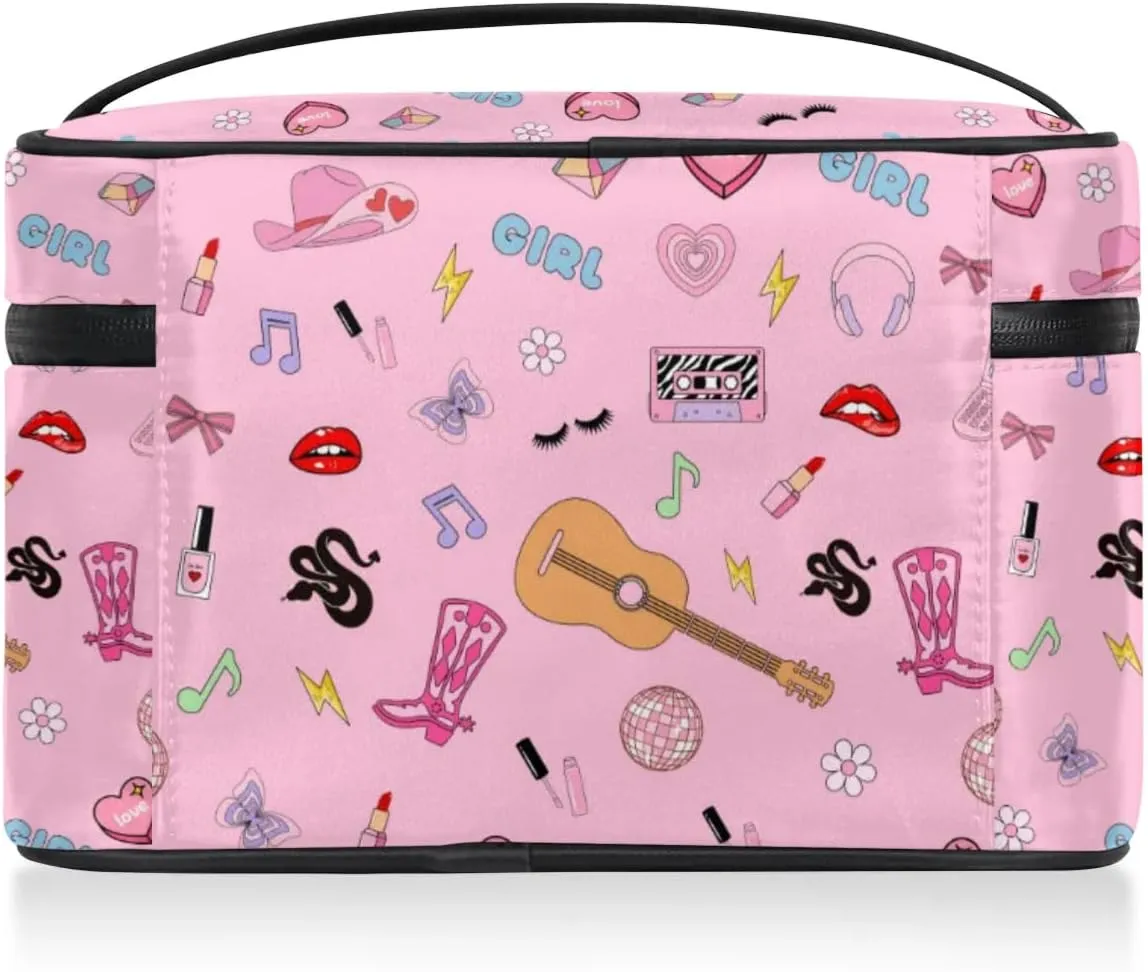 Pink Western Stuff Makeup Bag, Cowgirl Country Music Travel Cosmetic Bag for Women Girls Large Capacity Make Up Case Cosmetic Organizer Toiletry Bag Zipper Pouch
