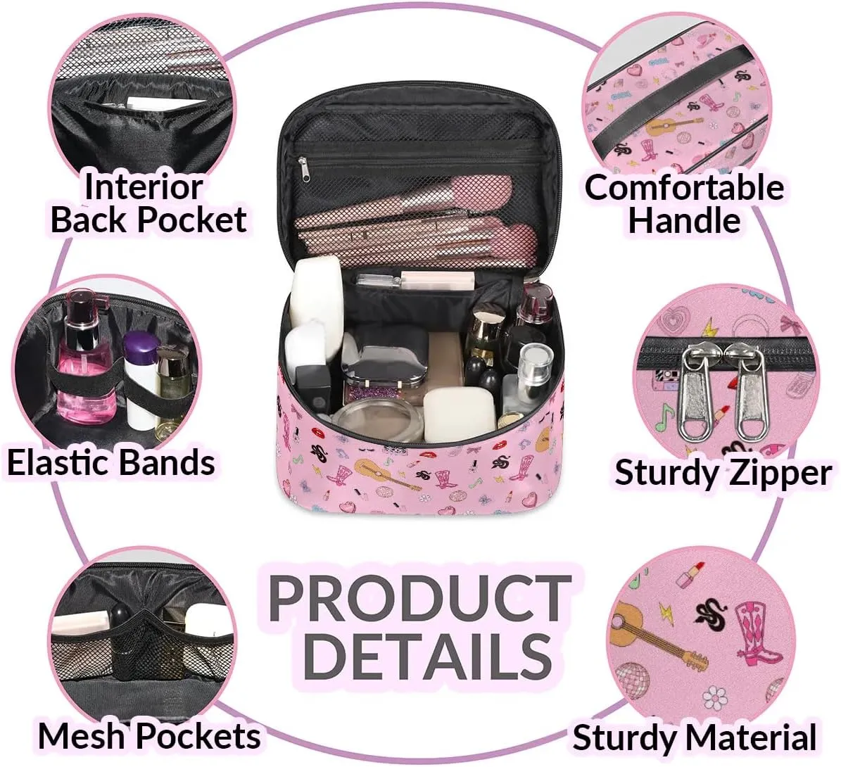 Pink Western Stuff Makeup Bag, Cowgirl Country Music Travel Cosmetic Bag for Women Girls Large Capacity Make Up Case Cosmetic Organizer Toiletry Bag Zipper Pouch